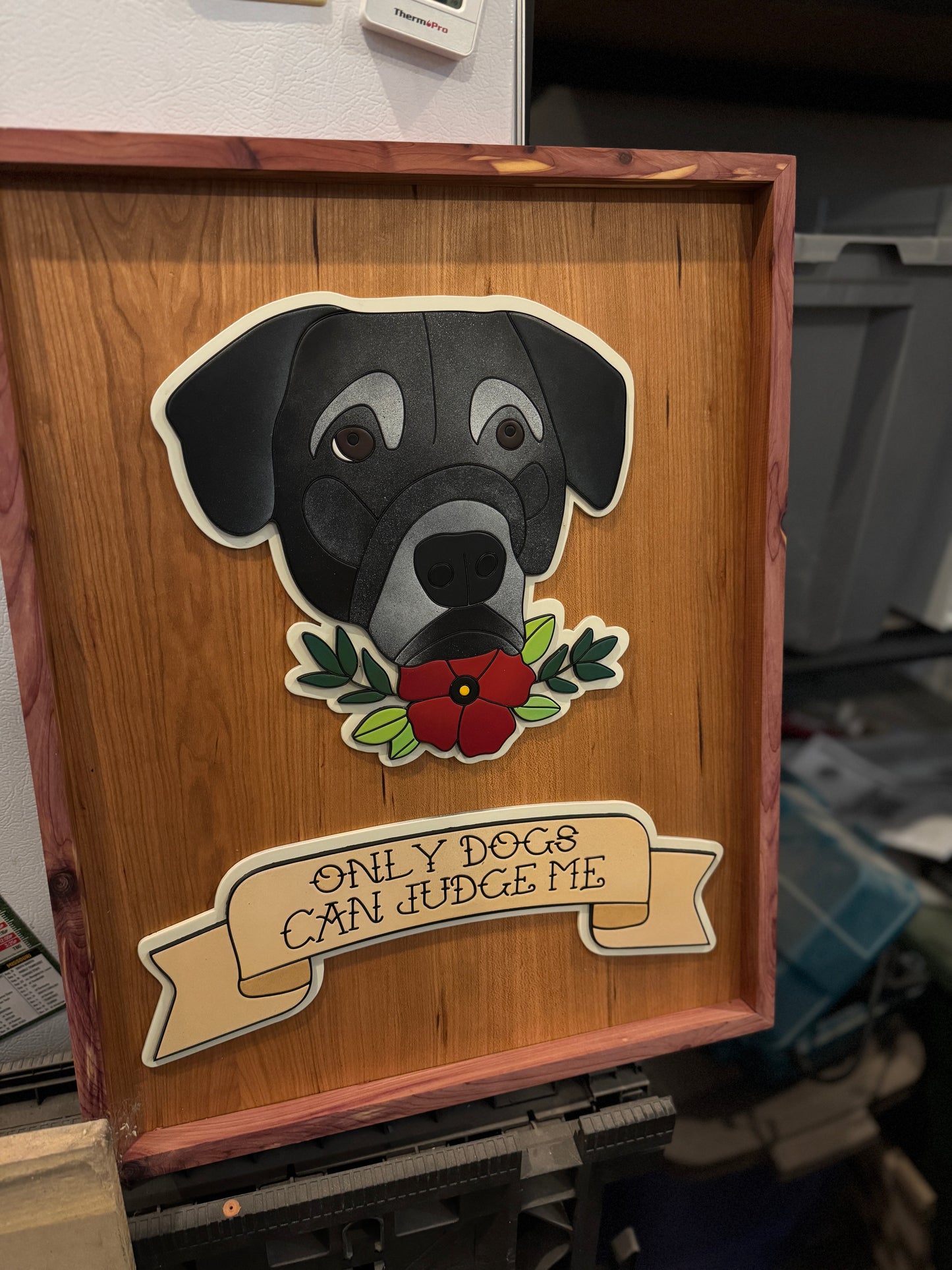 Custom Trad Tattoo Style “only dogs can judge me” dog portrait