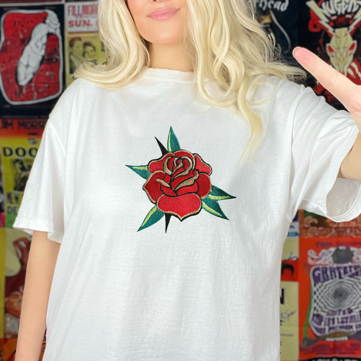 Embroidered Trad Tattoo Rose/Flower - Unisex Crewneck and Tee Options