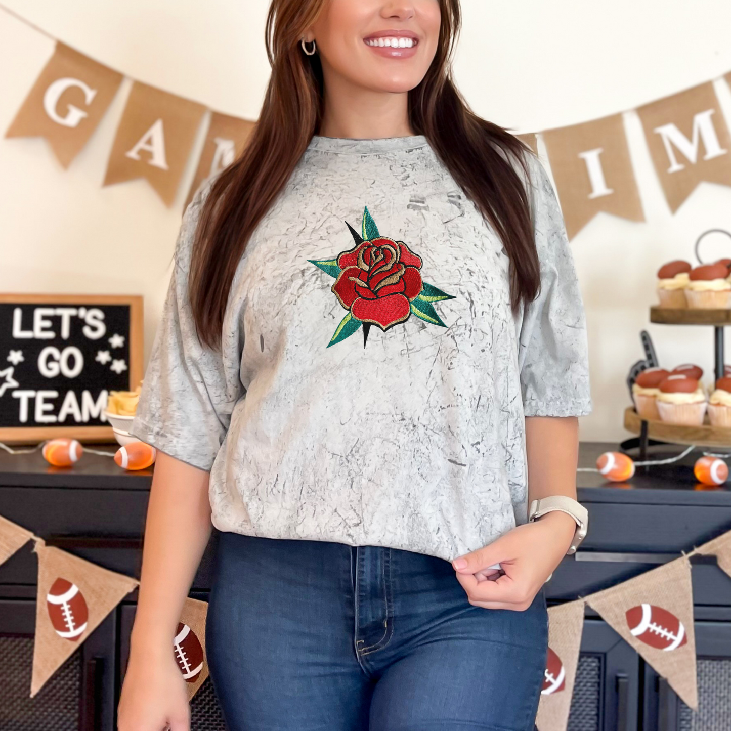 Embroidered Trad Tattoo Rose/Flower - Unisex Crewneck and Tee Options