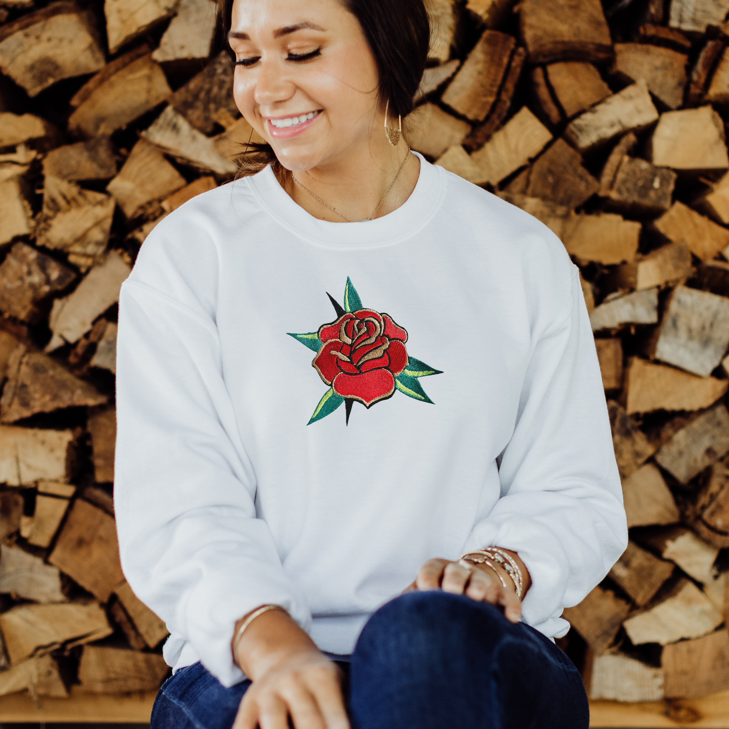 Embroidered Trad Tattoo Rose/Flower - Unisex Crewneck and Tee Options