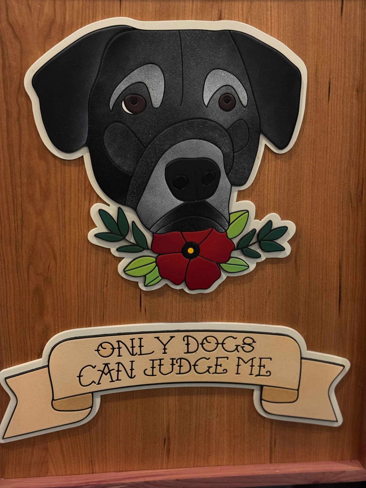 Custom Trad Tattoo Style “only dogs can judge me” dog portrait