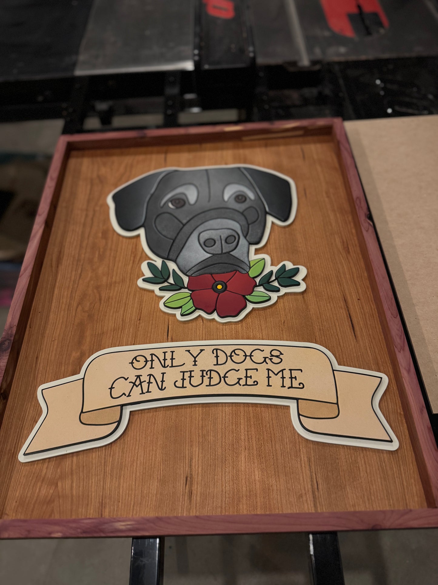 Custom Trad Tattoo Style “only dogs can judge me” dog portrait