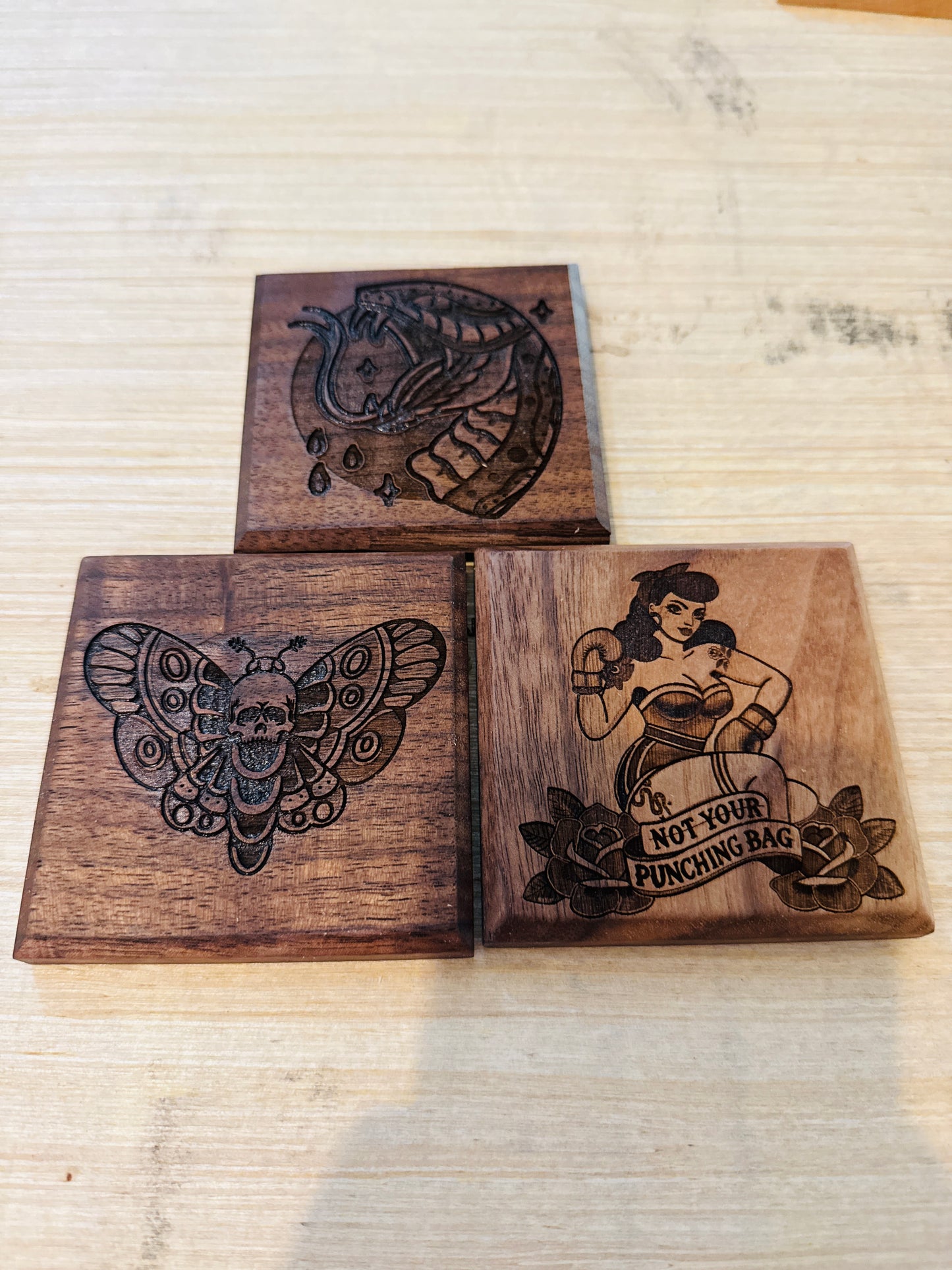 Set of 3 walnut tattoo coasters