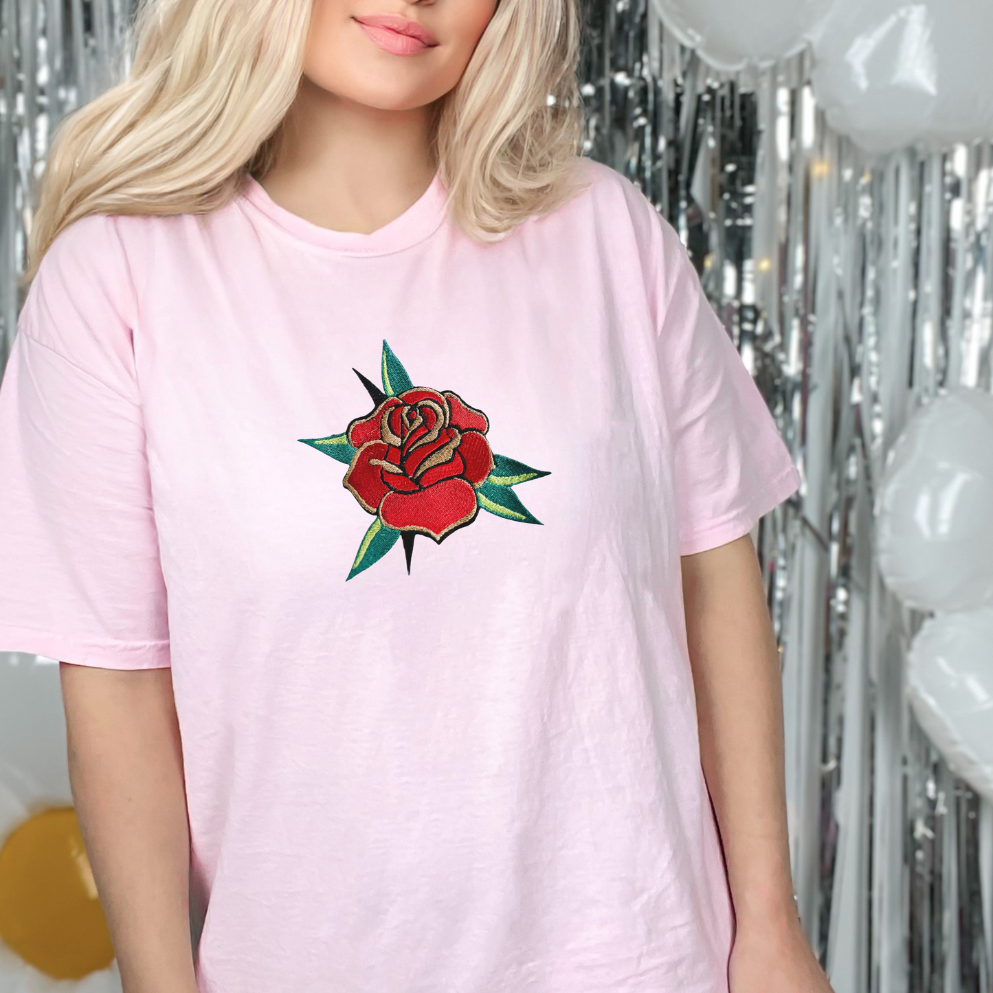 Embroidered Trad Tattoo Rose/Flower - Unisex Crewneck and Tee Options