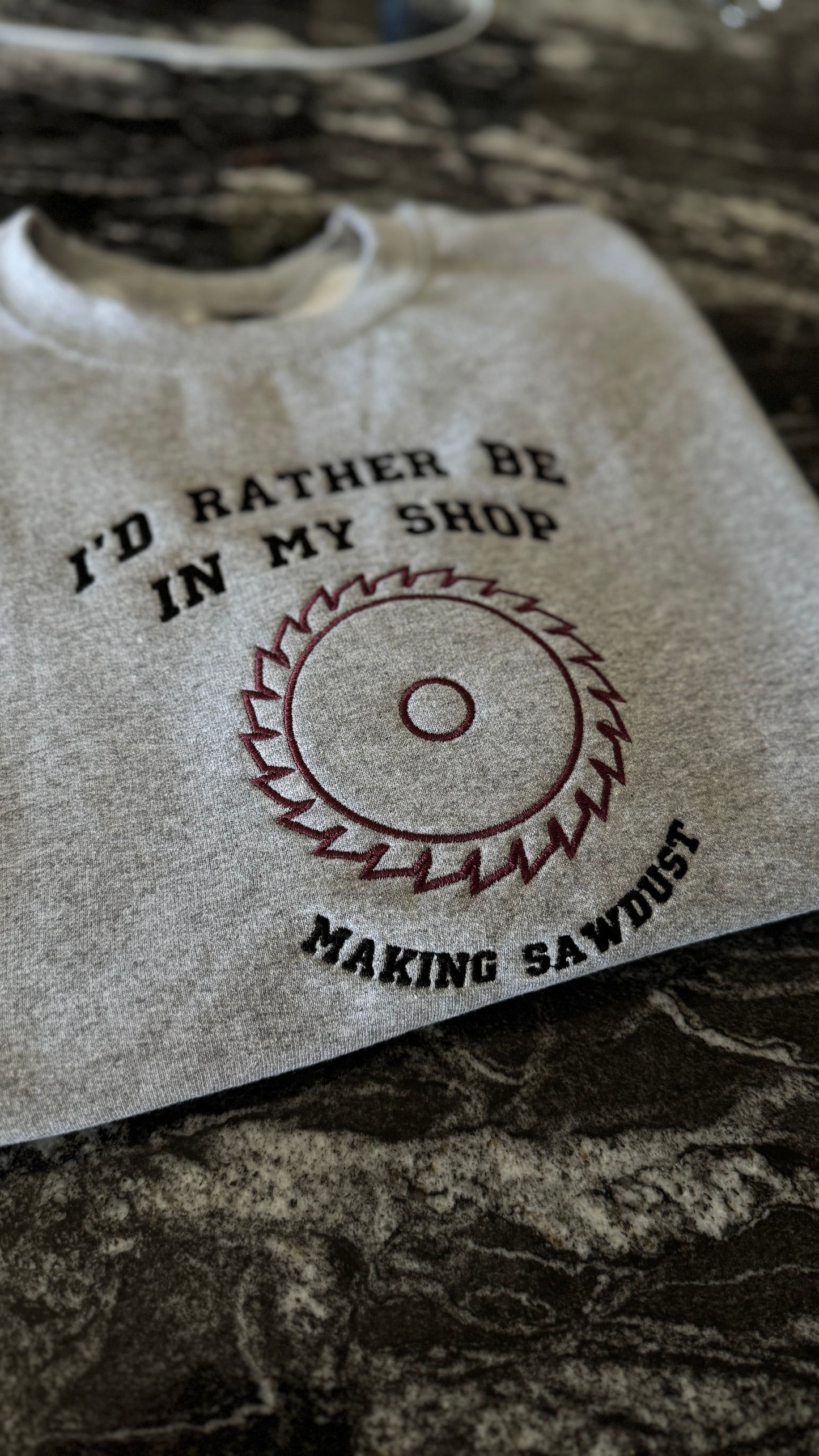 Embroidered Covered in Sawdust Woodworking Crewneck