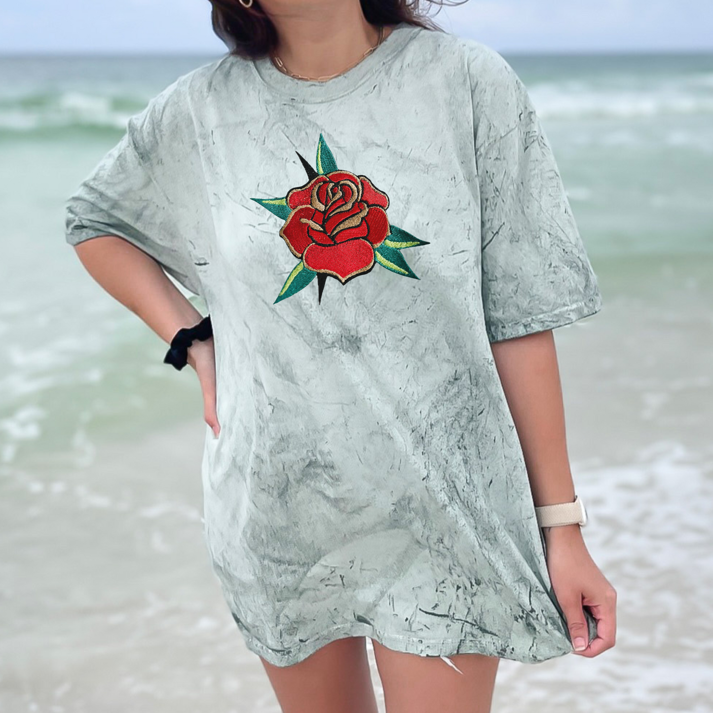 Embroidered Trad Tattoo Rose/Flower - Unisex Crewneck and Tee Options