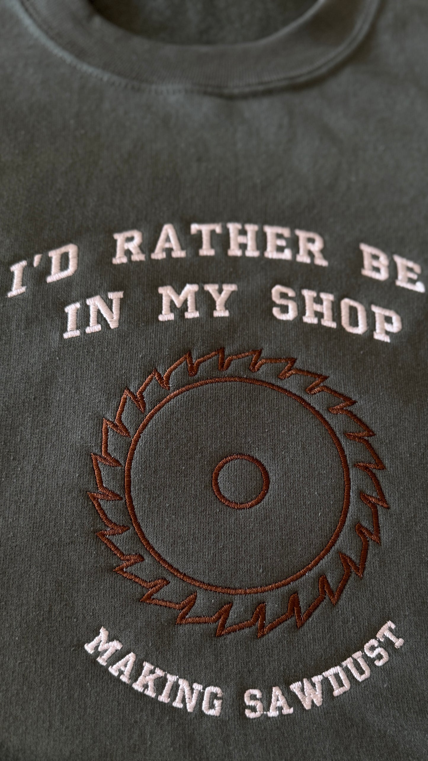 Embroidered Covered in Sawdust Woodworking Crewneck