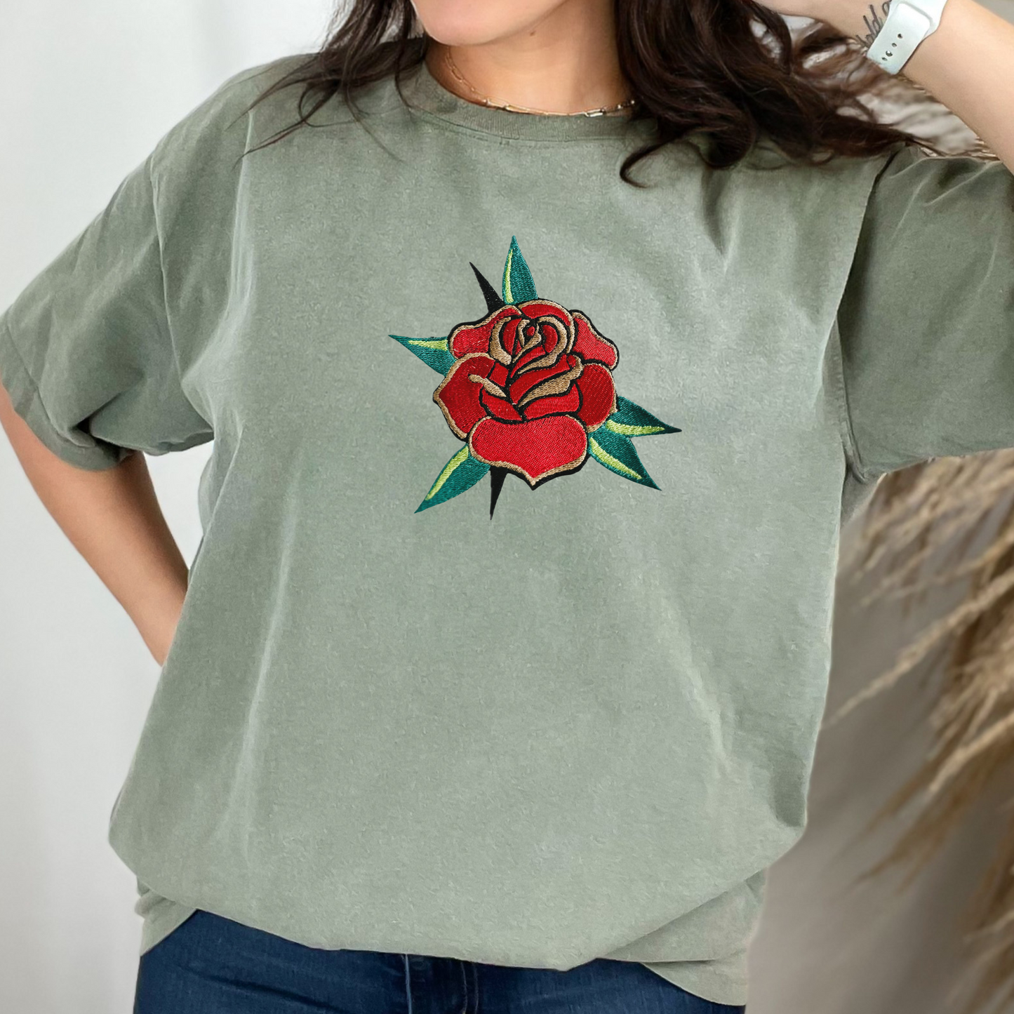 Embroidered Trad Tattoo Rose/Flower - Unisex Crewneck and Tee Options