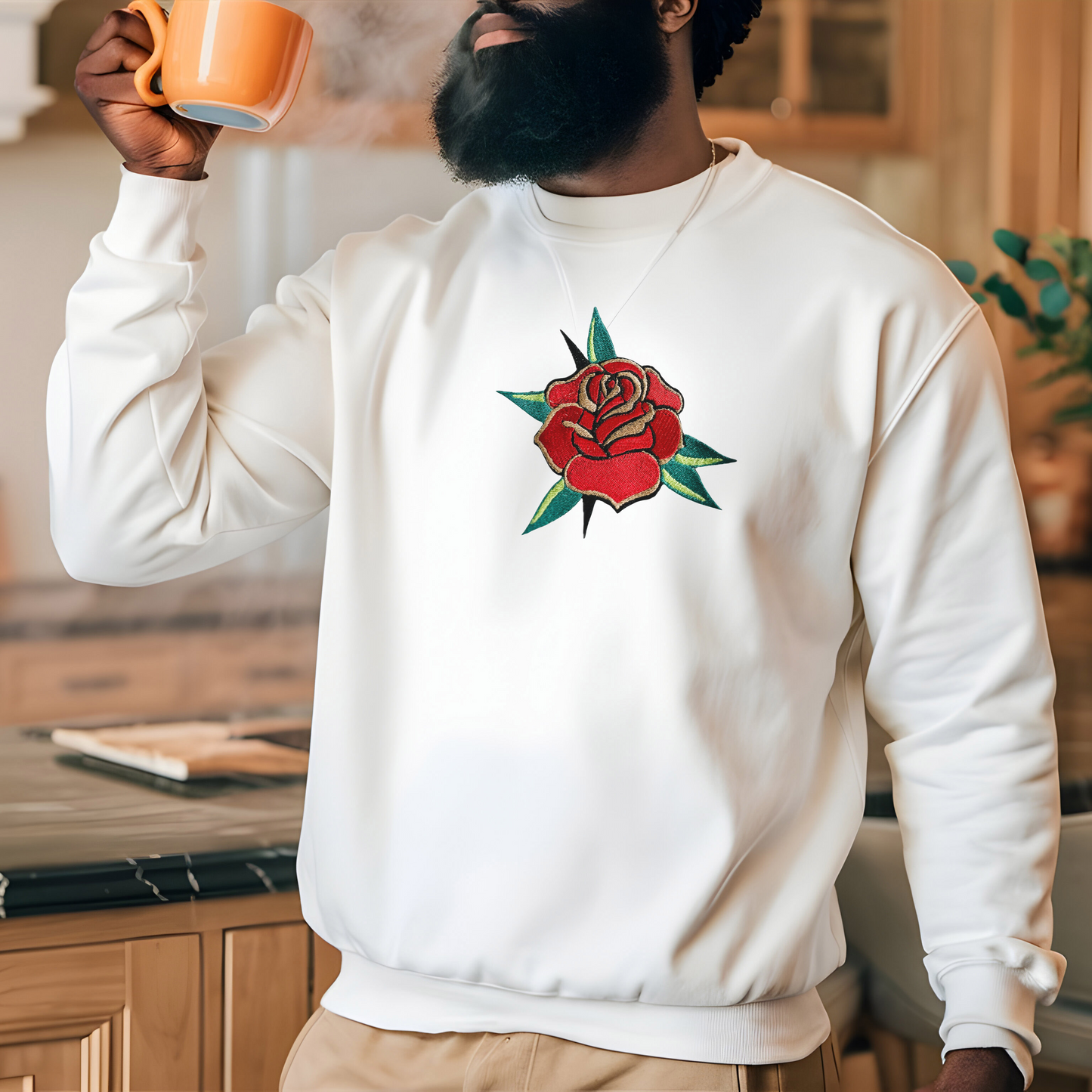 Embroidered Trad Tattoo Rose/Flower - Unisex Crewneck and Tee Options