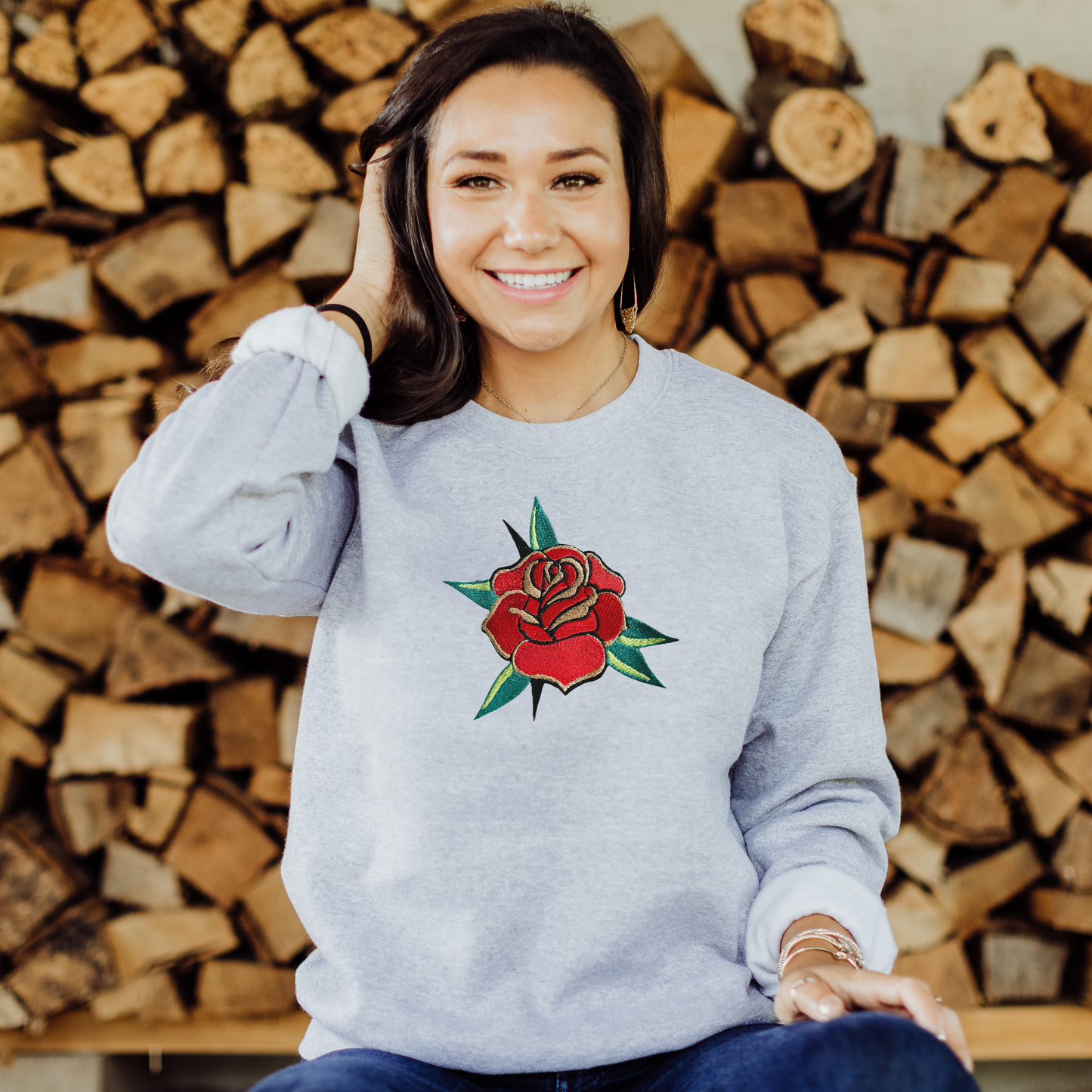 Embroidered Trad Tattoo Rose/Flower - Unisex Crewneck and Tee Options