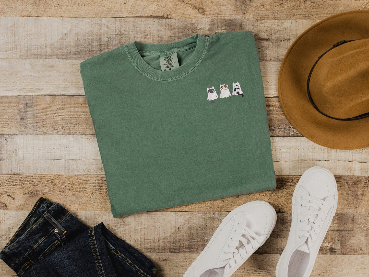 Embroidered Ghost Cat Comfort Colors Tee & Crewneck
