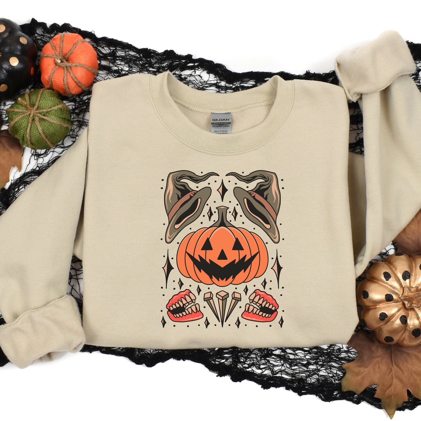 Halloween Pumpkin Flash Tattoo Crewneck & Tee
