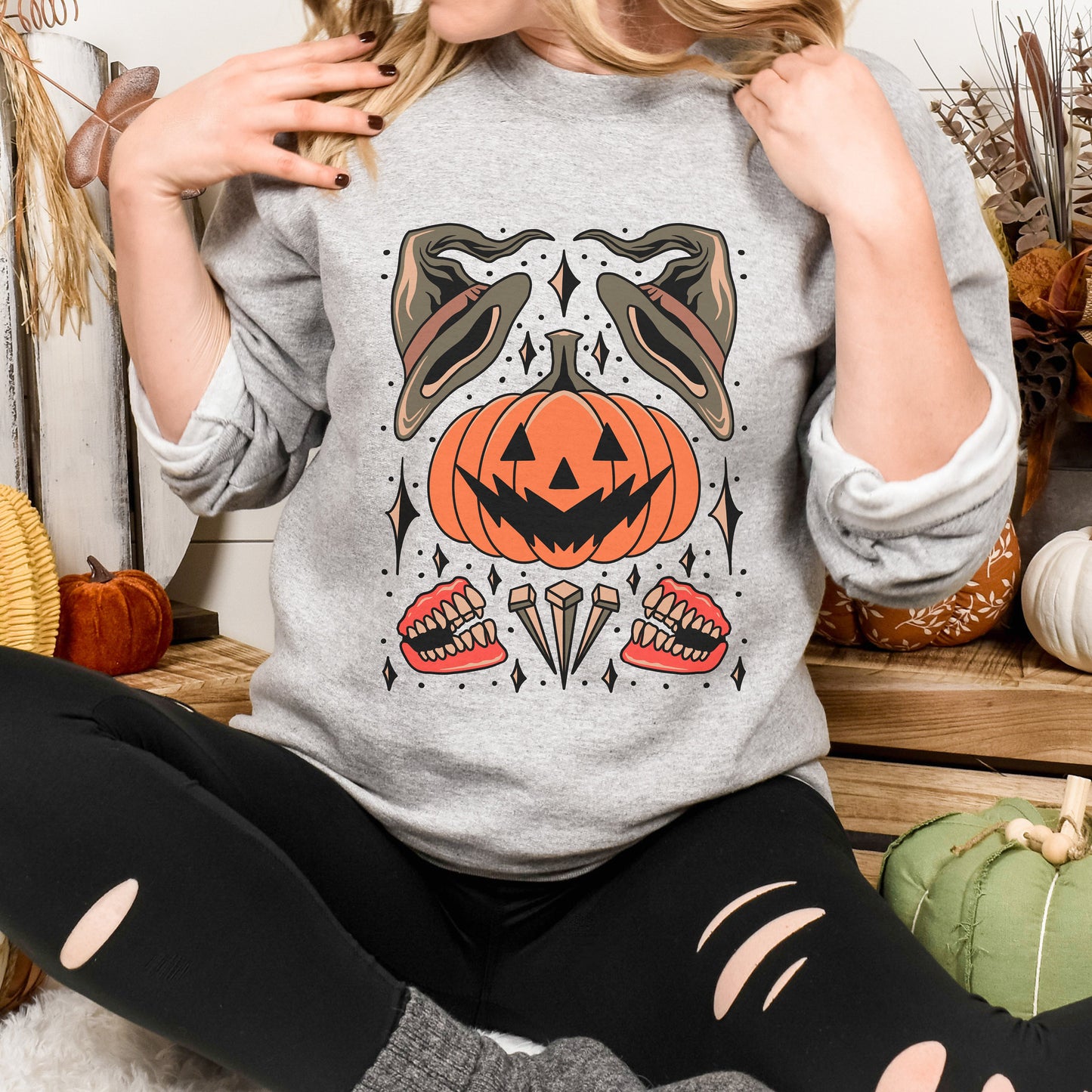 Halloween Pumpkin Flash Tattoo Crewneck & Tee