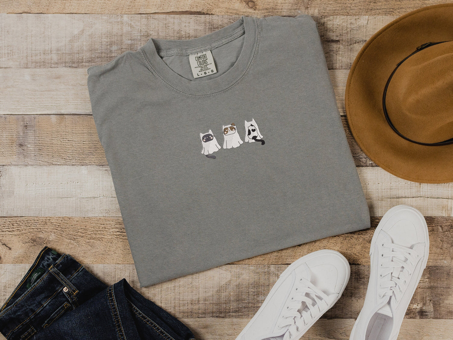 Embroidered Ghost Cat Comfort Colors Tee & Crewneck