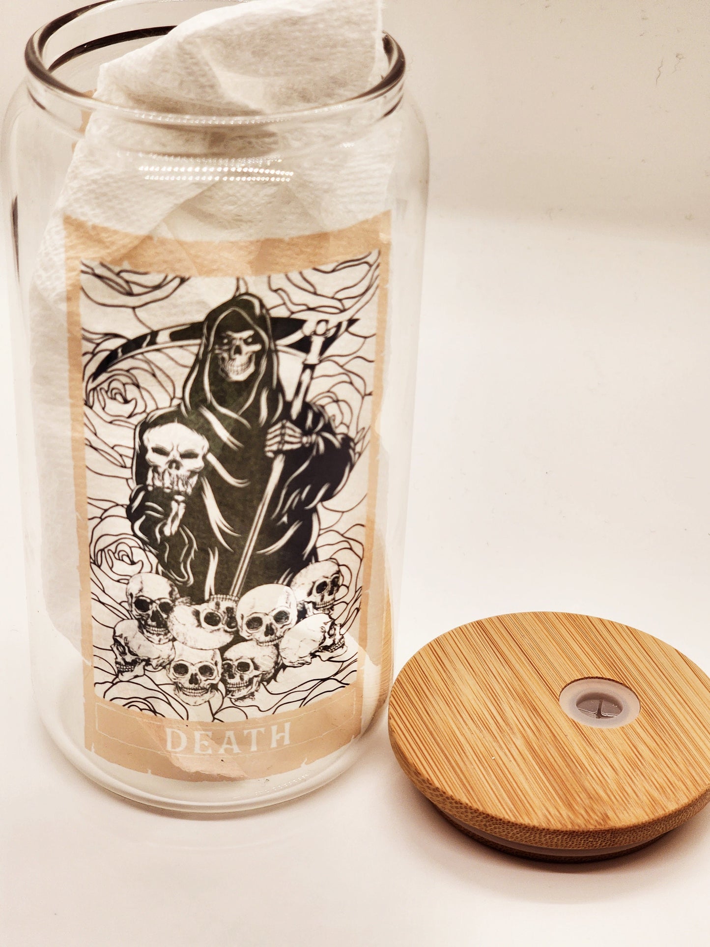 Death Tarot Occult Skull Reaper Gothic Glass Can, Beer Wine Can Iced Coffee Mug, 16 oz Water Can, Occult Tarot Card Custom Personalized Gift