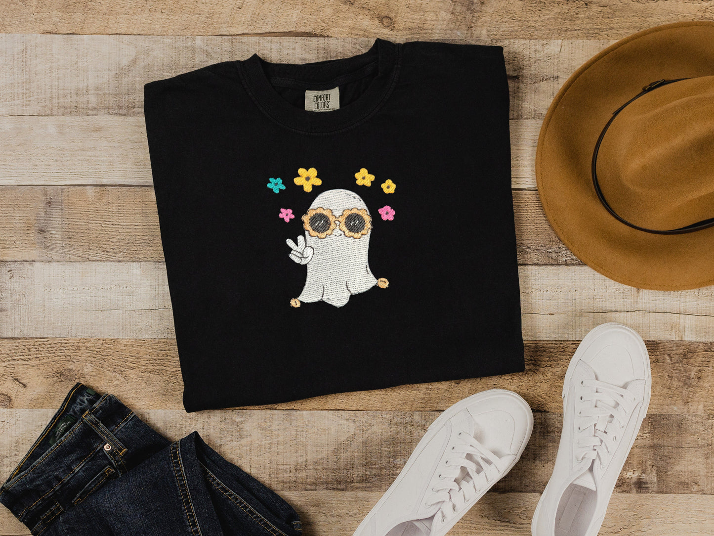 Embroidered Retro Ghost Spooky Season Tee - Sweater Option