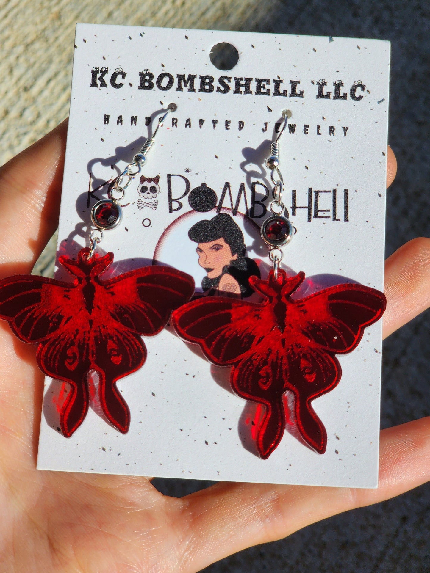 Ruby Red Death Moth Luna Moth Gothic Dangle Earrings
