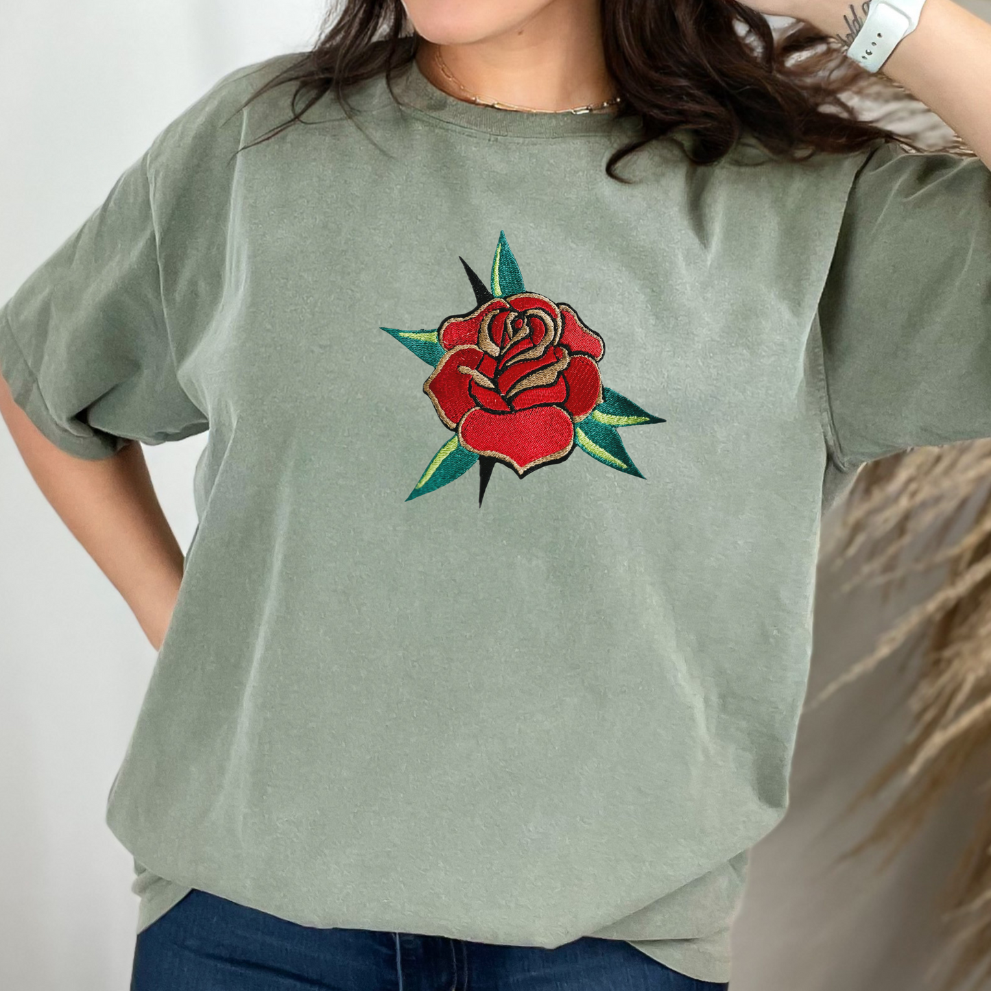 Embroidered Flash Tattoo Rose/Flower - Unisex Crewneck and Tee Options