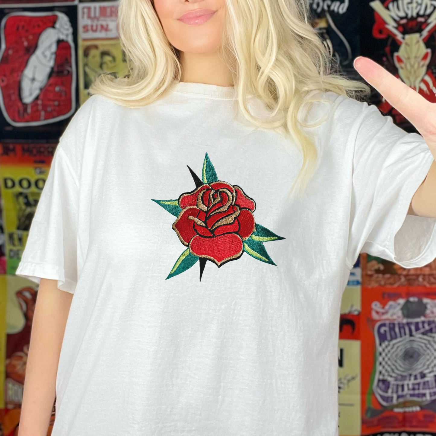 Embroidered Flash Tattoo Rose/Flower - Unisex Crewneck and Tee Options