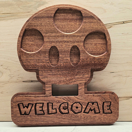 Welcome Toadstool Mushroom Hardwood Sign, Video Game 3D art