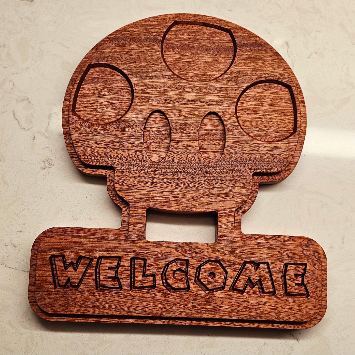 Welcome Toadstool Mushroom Hardwood Sign, Video Game 3D art