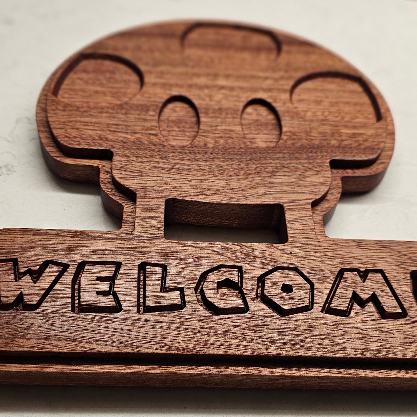 Welcome Toadstool Mushroom Hardwood Sign, Video Game 3D art