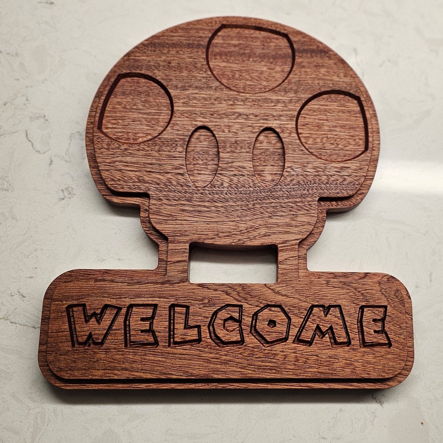 Welcome Toadstool Mushroom Hardwood Sign, Video Game 3D art