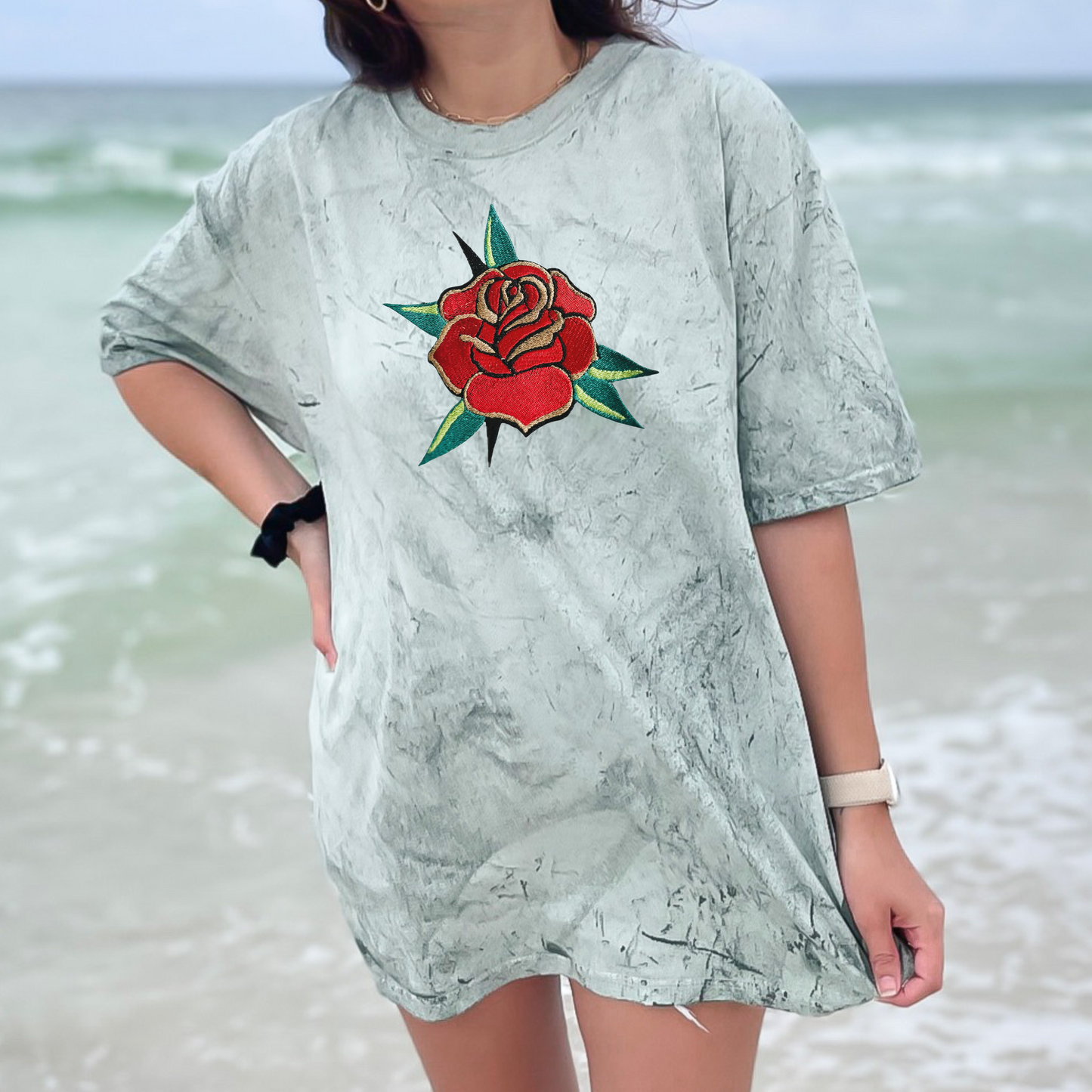 Embroidered Flash Tattoo Rose/Flower - Unisex Crewneck and Tee Options