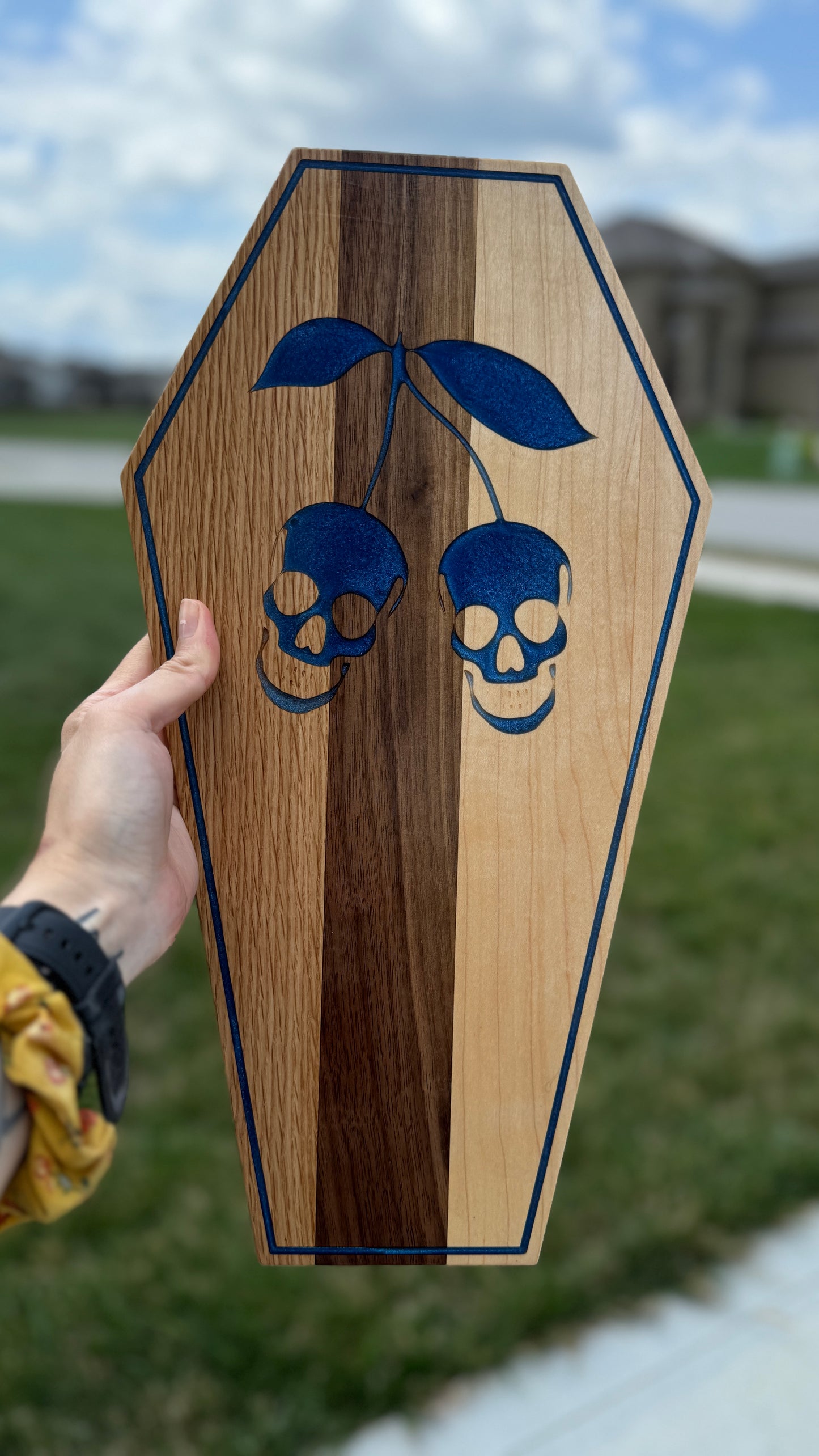 Skull Cherry Coffin Wood Art, Serving Board/Tray, Shelf Sitter, Blue Iridescent Glitter