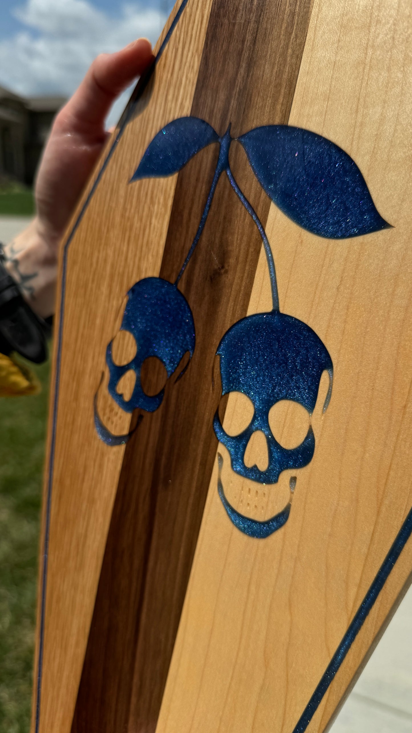 Skull Cherry Coffin Wood Art, Serving Board/Tray, Shelf Sitter, Blue Iridescent Glitter