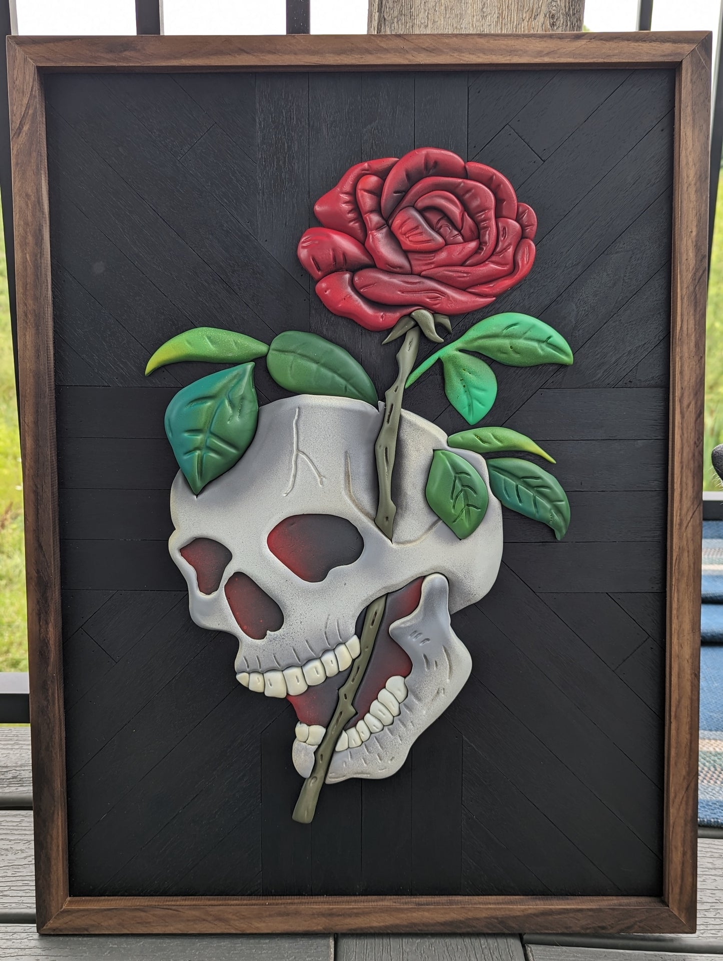 Skull and rose flash tattoo, handmade wooden decor