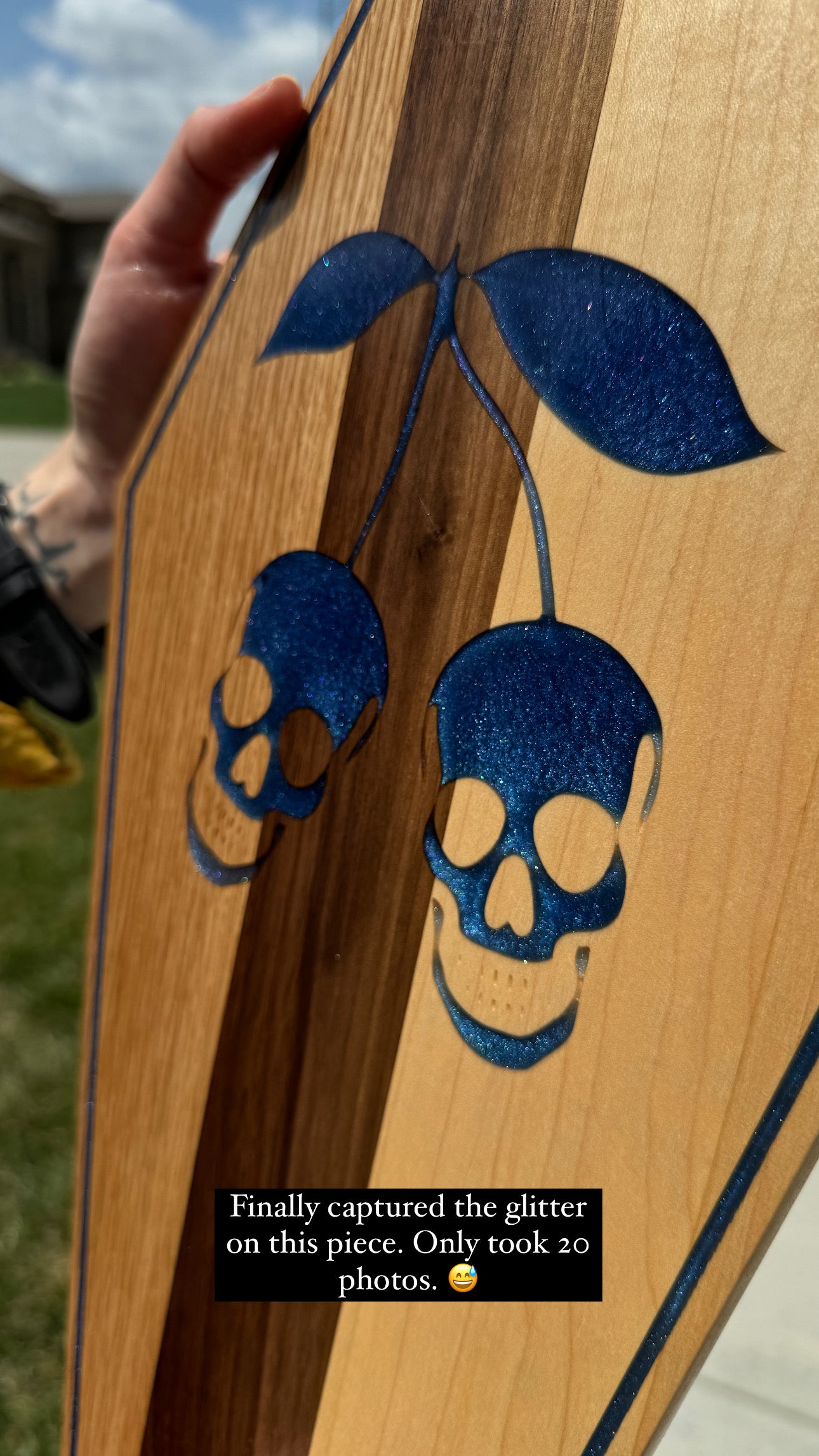 Skull Cherry Coffin Wood Art, Serving Board/Tray, Shelf Sitter, Blue Iridescent Glitter