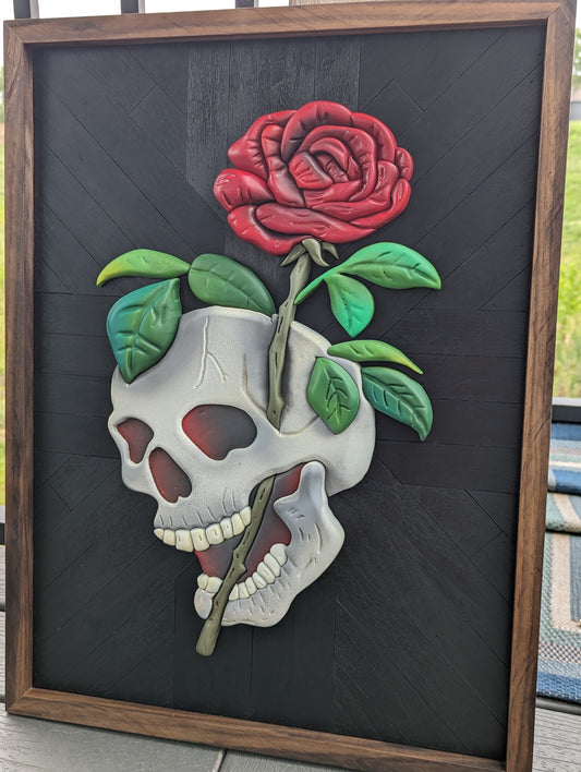 Skull and rose flash tattoo, handmade wooden decor