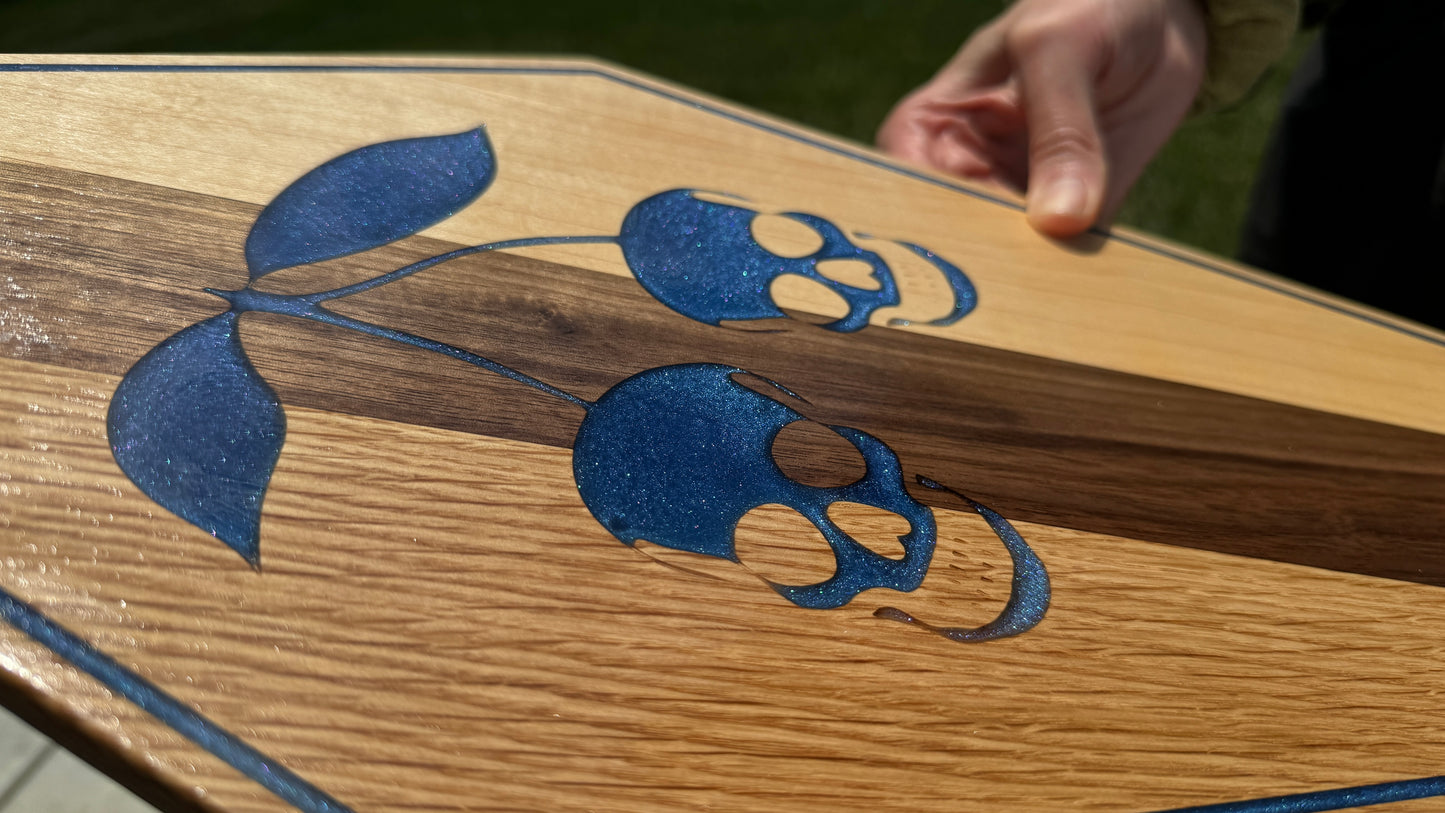 Skull Cherry Coffin Wood Art, Serving Board/Tray, Shelf Sitter, Blue Iridescent Glitter