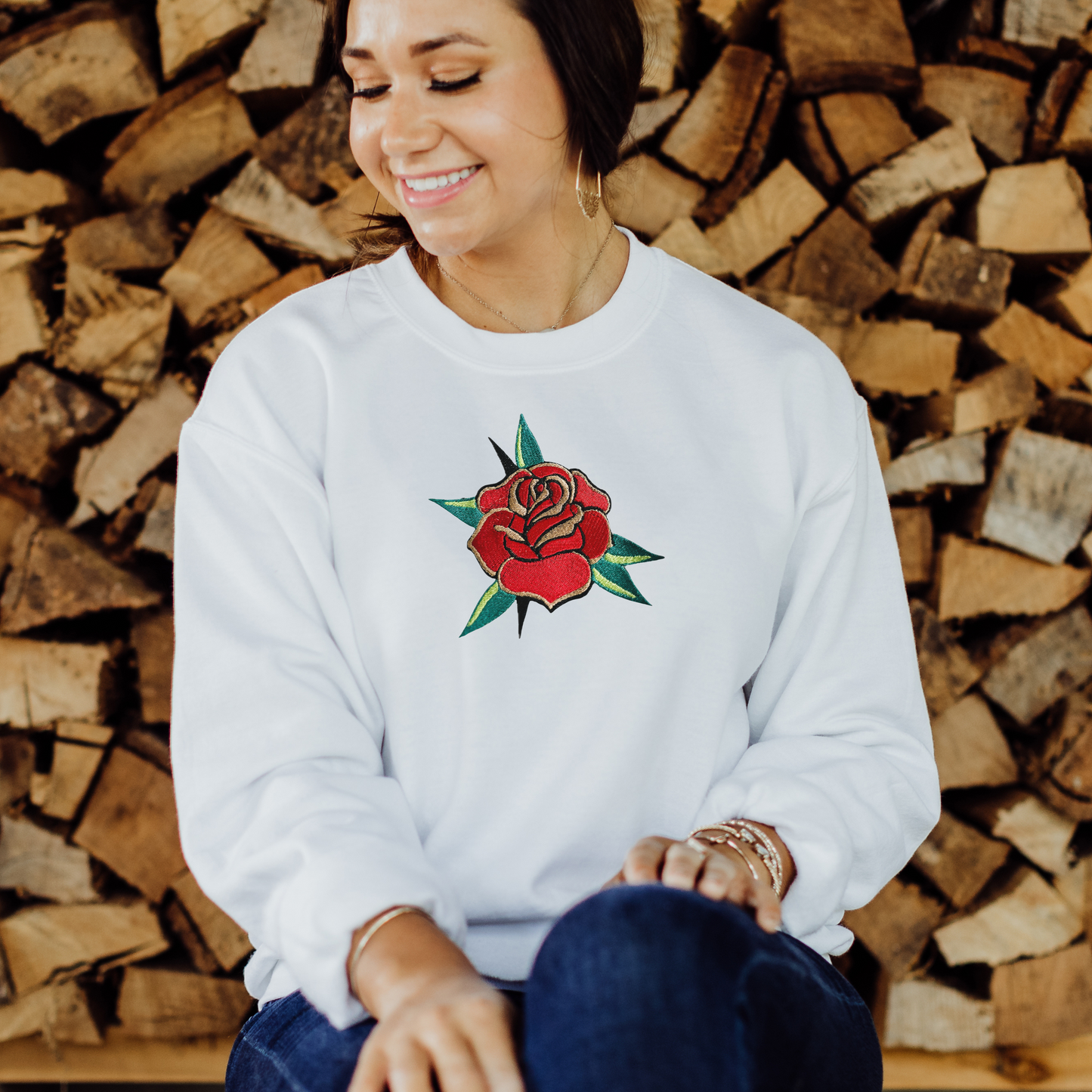 Embroidered Flash Tattoo Rose/Flower - Unisex Crewneck and Tee Options