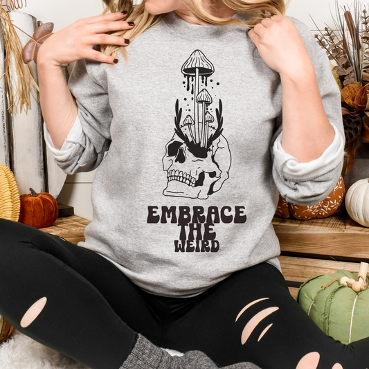 Embrace the Weird Skull Gothic Mushroom Tee - customizable available as crewneck or unisex tees, Mystical Skull Top, Cottagecore Shirt