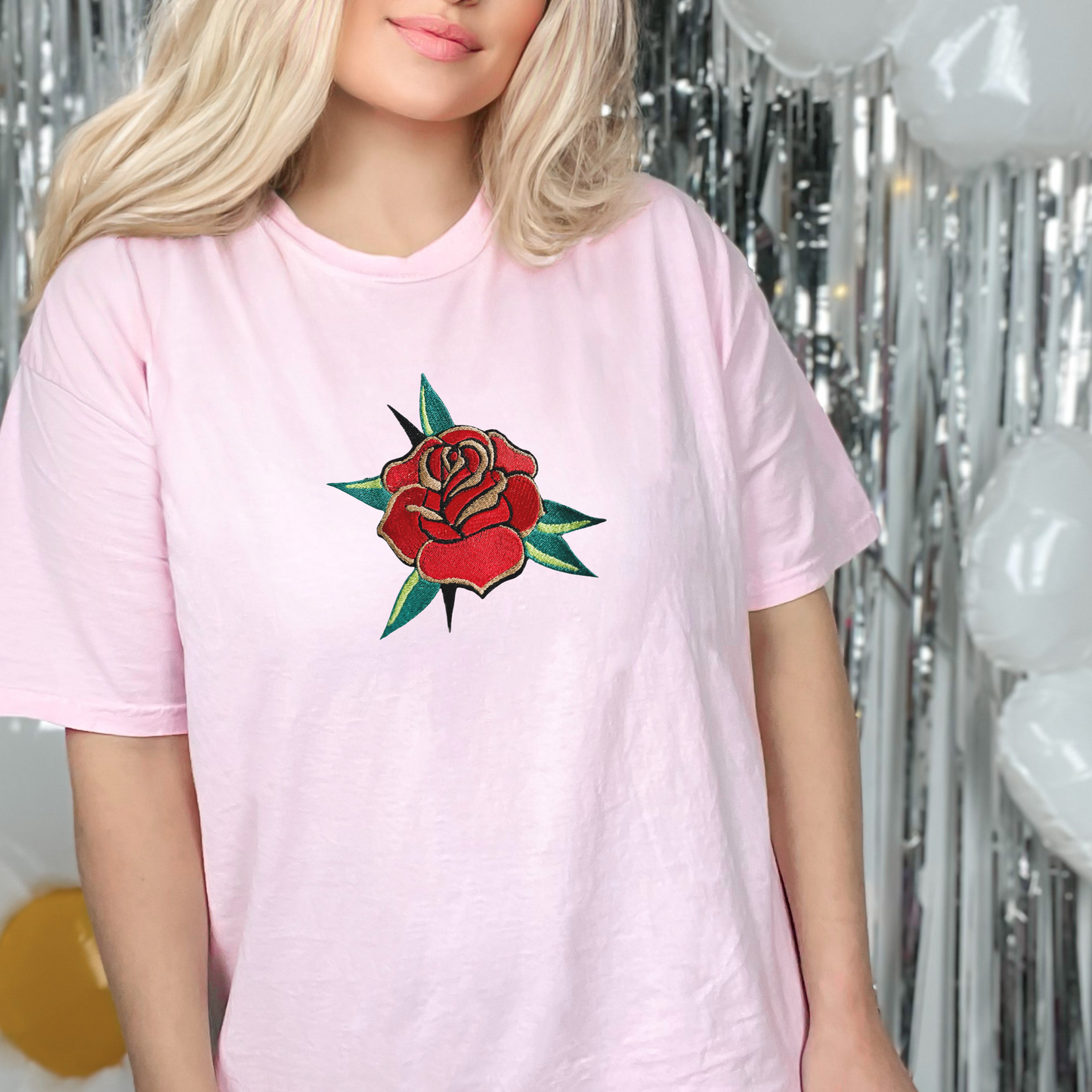 Embroidered Flash Tattoo Rose/Flower - Unisex Crewneck and Tee Options