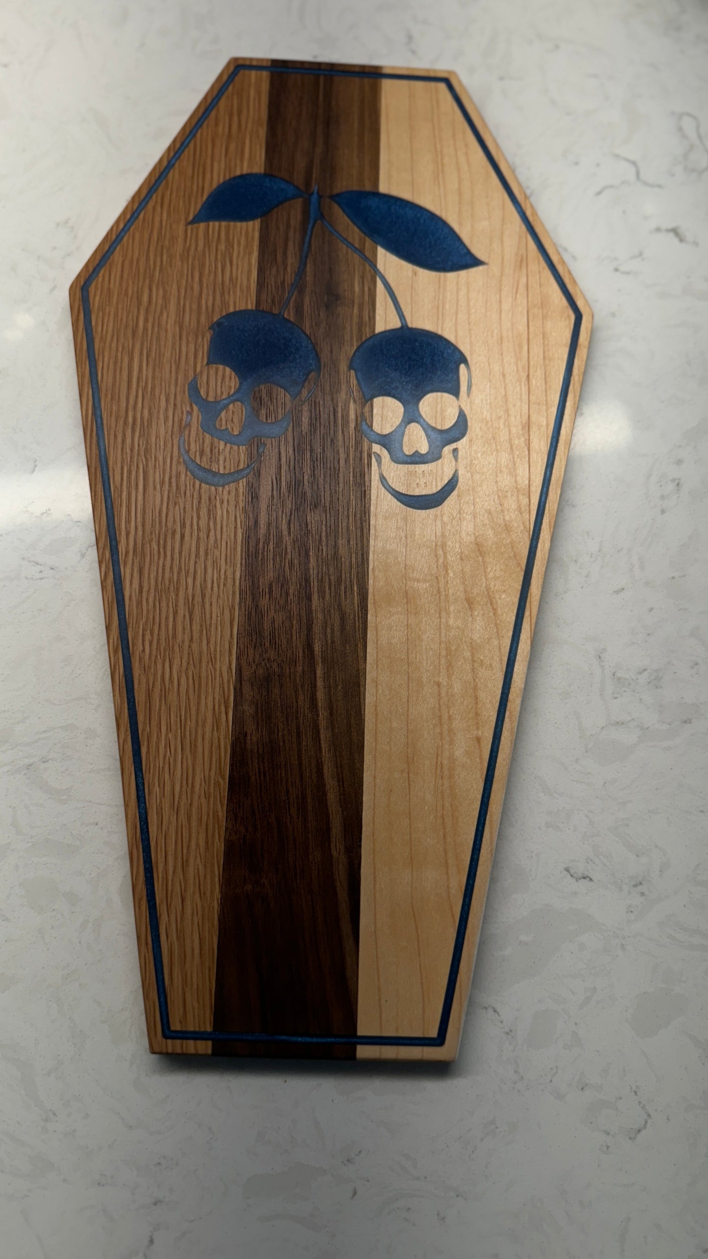 Skull Cherry Coffin Wood Art, Serving Board/Tray, Shelf Sitter, Blue Iridescent Glitter