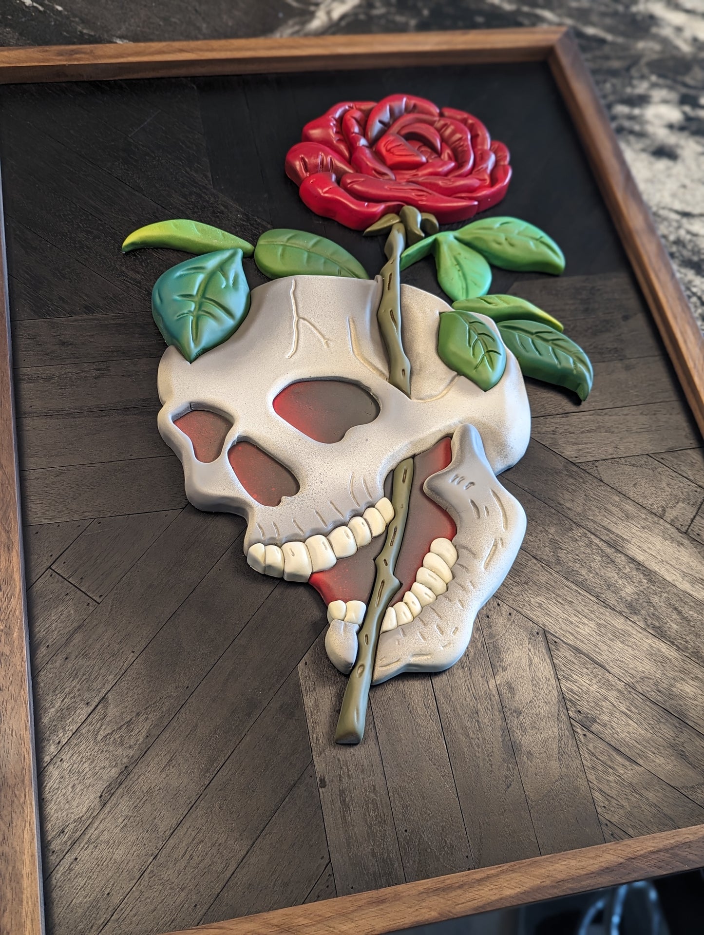 Skull and rose flash tattoo, handmade wooden decor