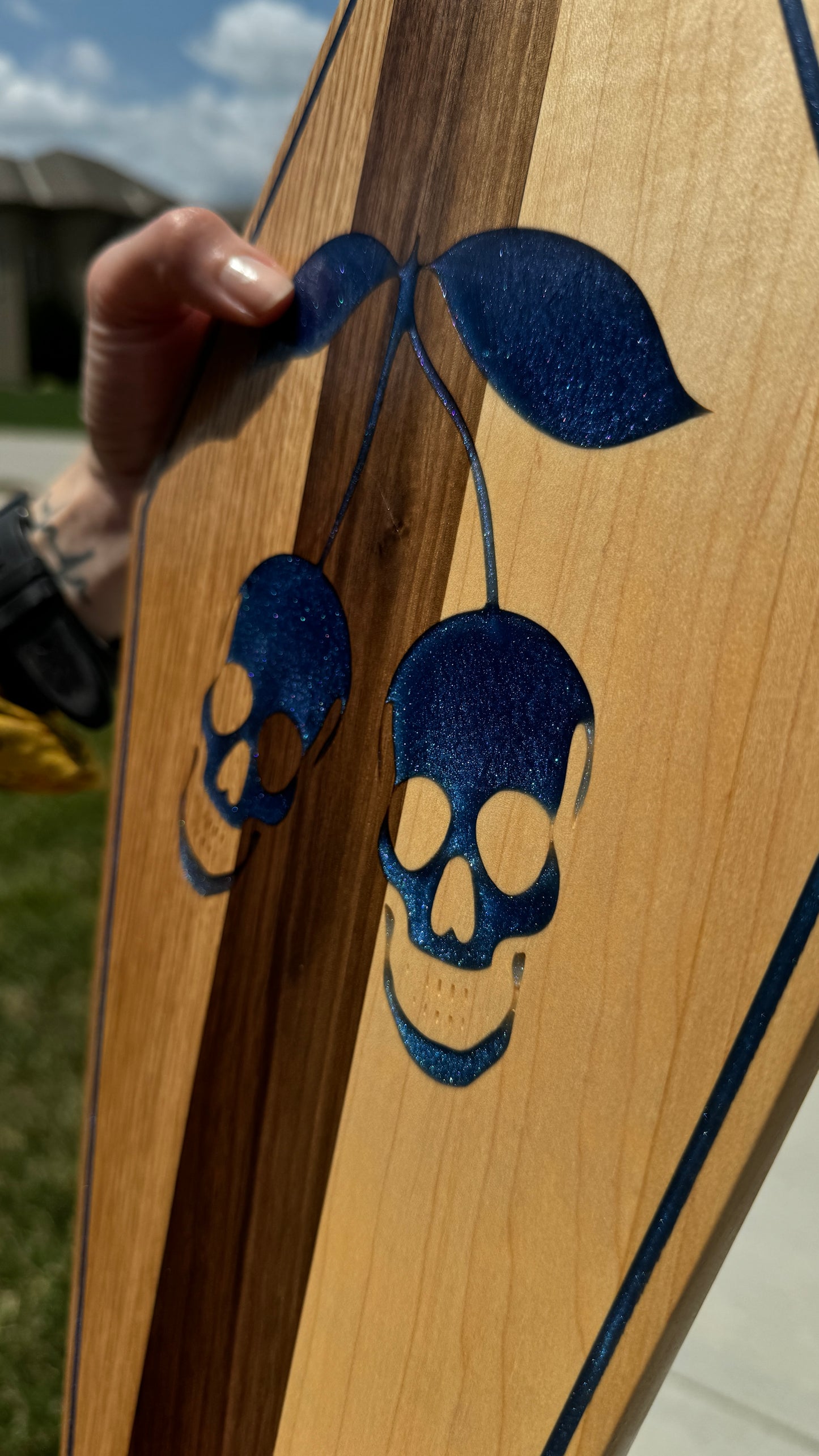 Skull Cherry Coffin Wood Art, Serving Board/Tray, Shelf Sitter, Blue Iridescent Glitter