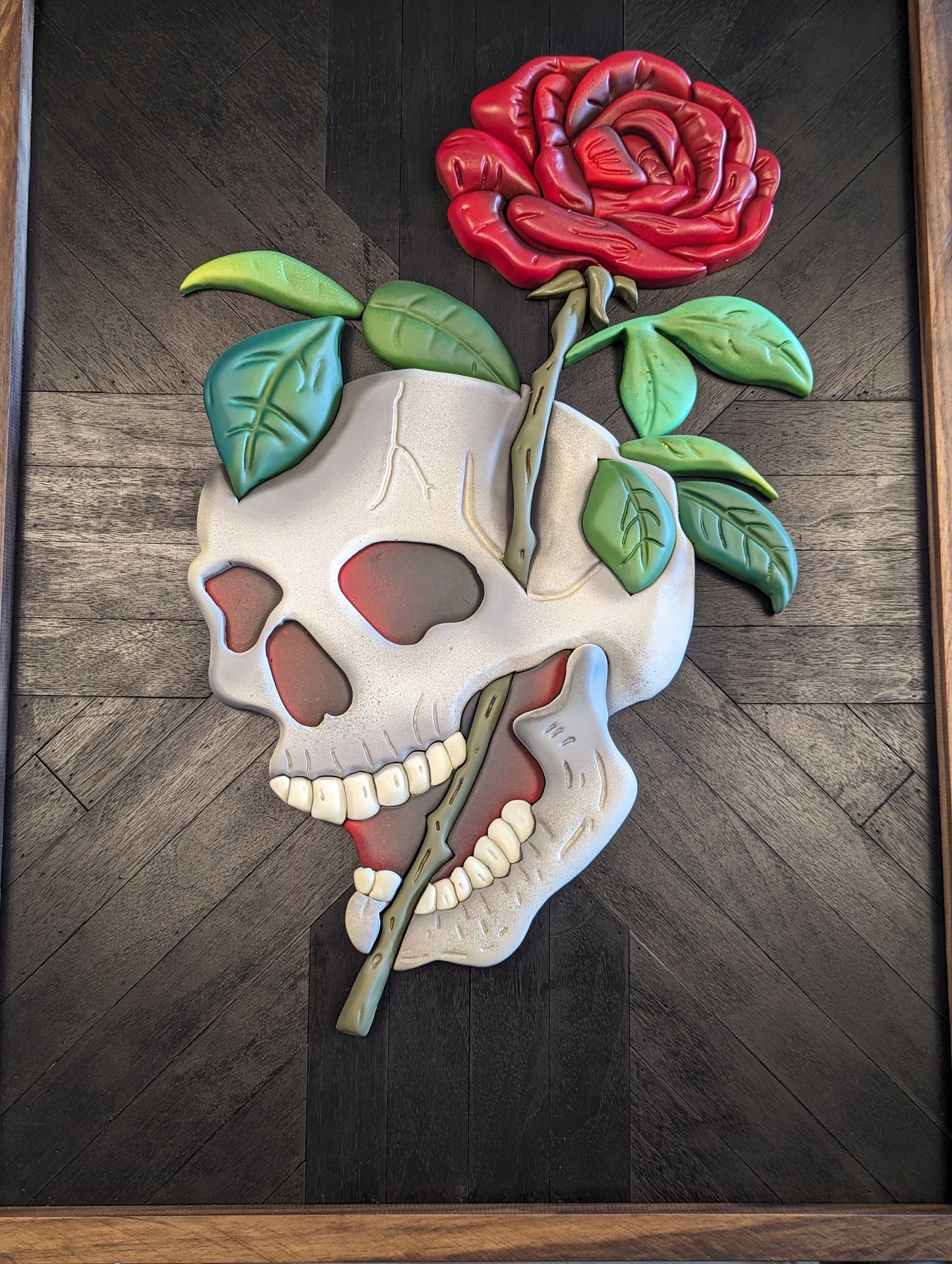 Skull and rose flash tattoo, handmade wooden decor