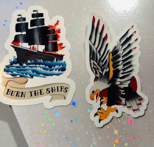 Burn the Ships & Eagle Flash Tattoo Wood art stickers - free shipping included