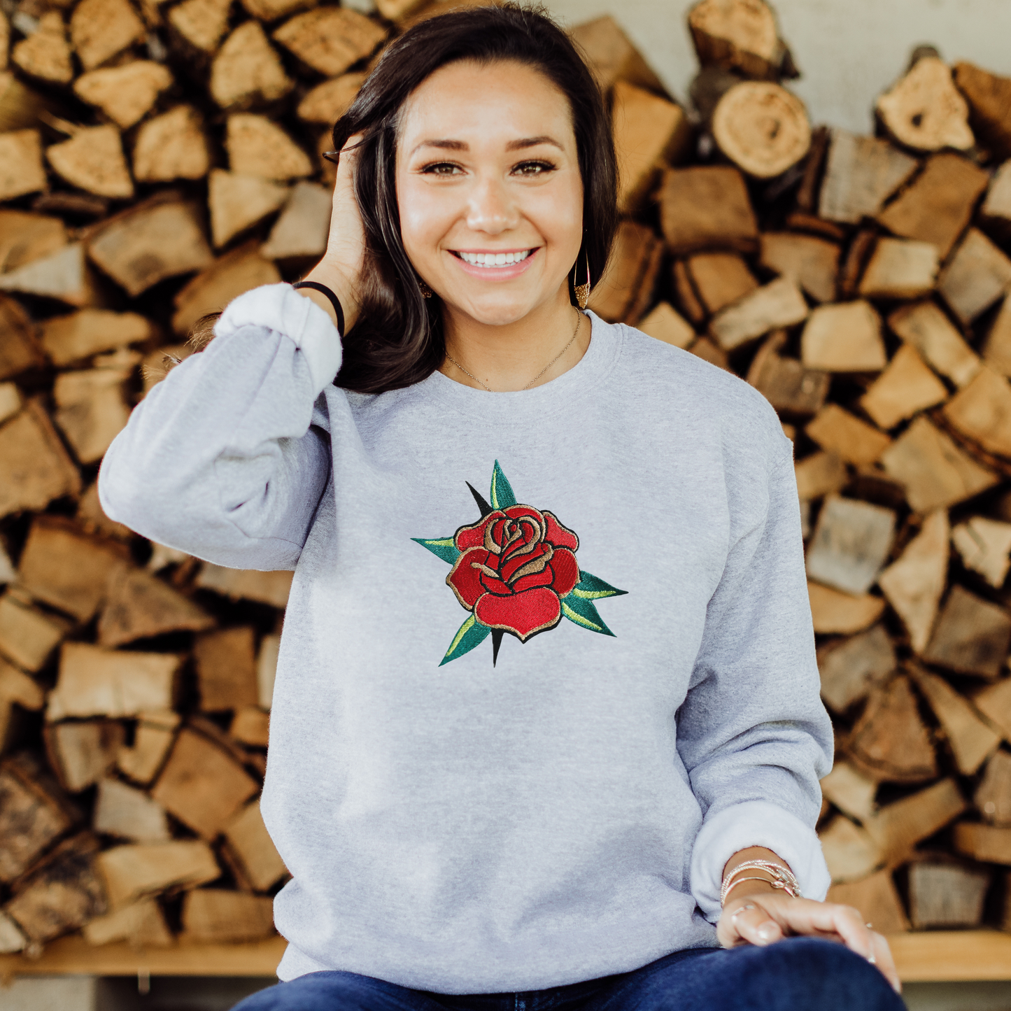 Embroidered Flash Tattoo Rose/Flower - Unisex Crewneck and Tee Options