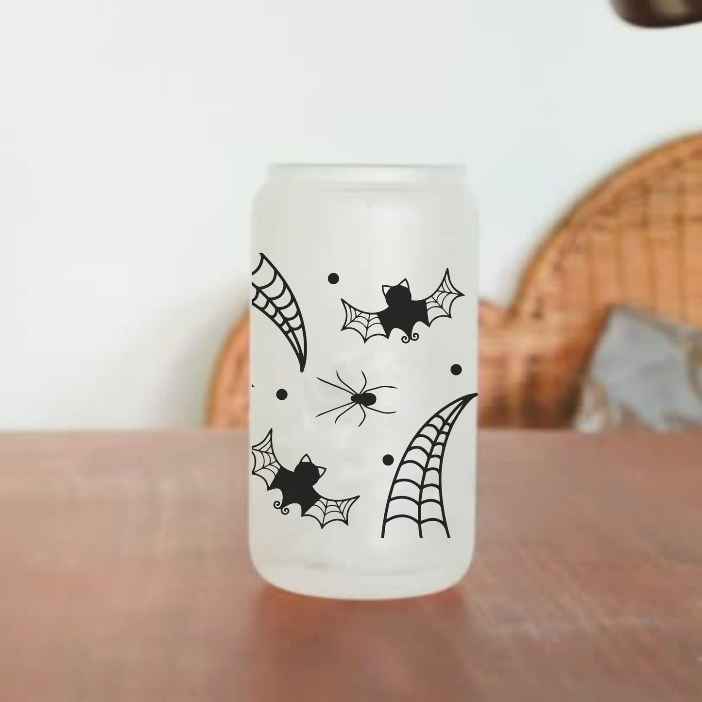 Gothic Bat Cobweb Spider Web Glass Can, Halloween Glass Can, Gothic Gift, Iced Coffee Glass Can, 16 oz Beer Can Jar, Spooky Season Cup