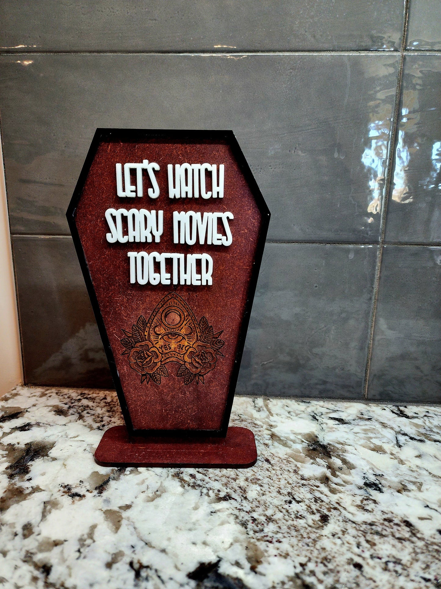 Gothic Coffin Let's Watch Scary Movie Wooden Sign|Handmade Gothic Decor|Spooky Halloween Gift|Horror Movie Spirit Board Planchette Sign