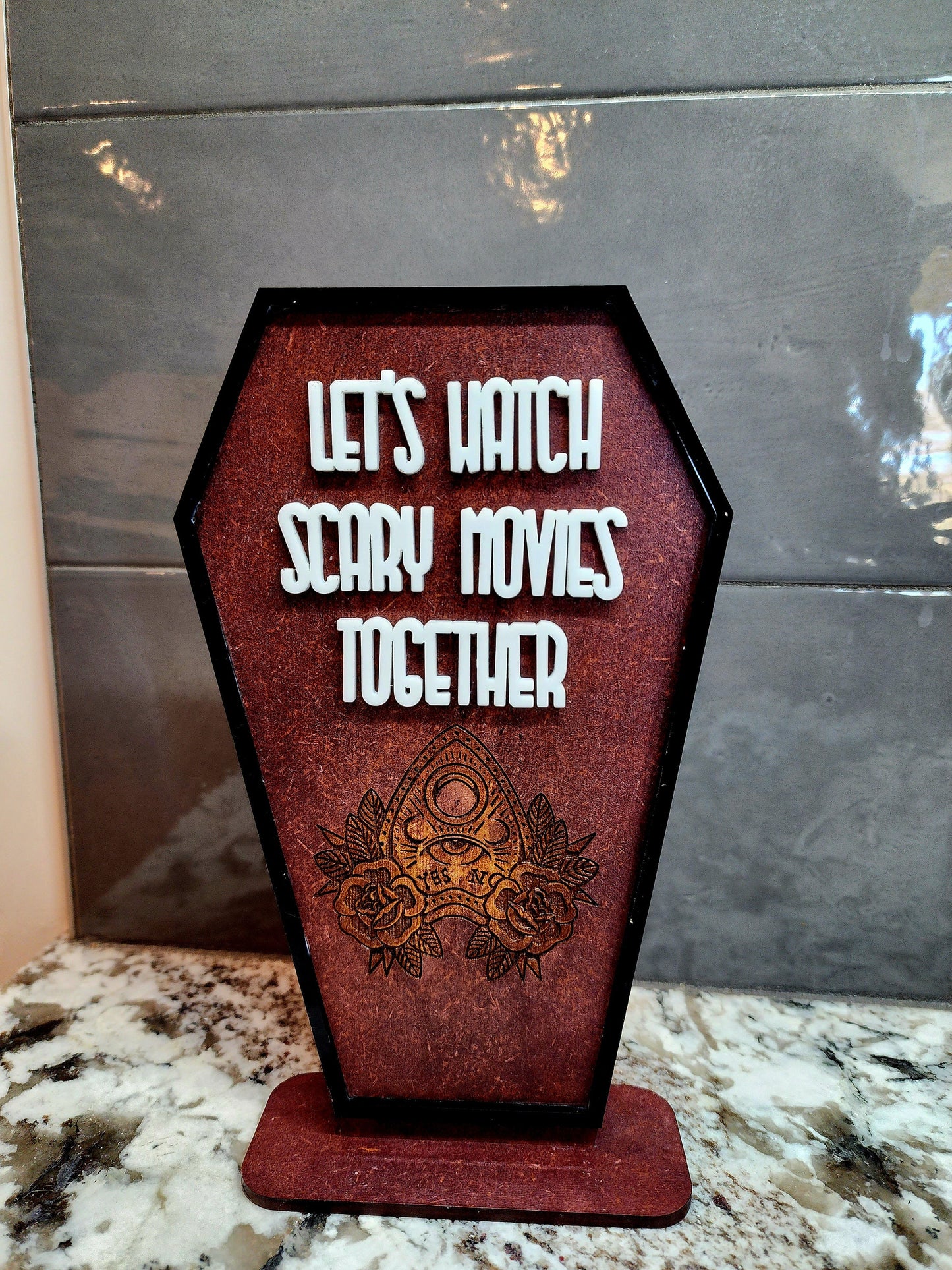 Gothic Coffin Let's Watch Scary Movie Wooden Sign|Handmade Gothic Decor|Spooky Halloween Gift|Horror Movie Spirit Board Planchette Sign