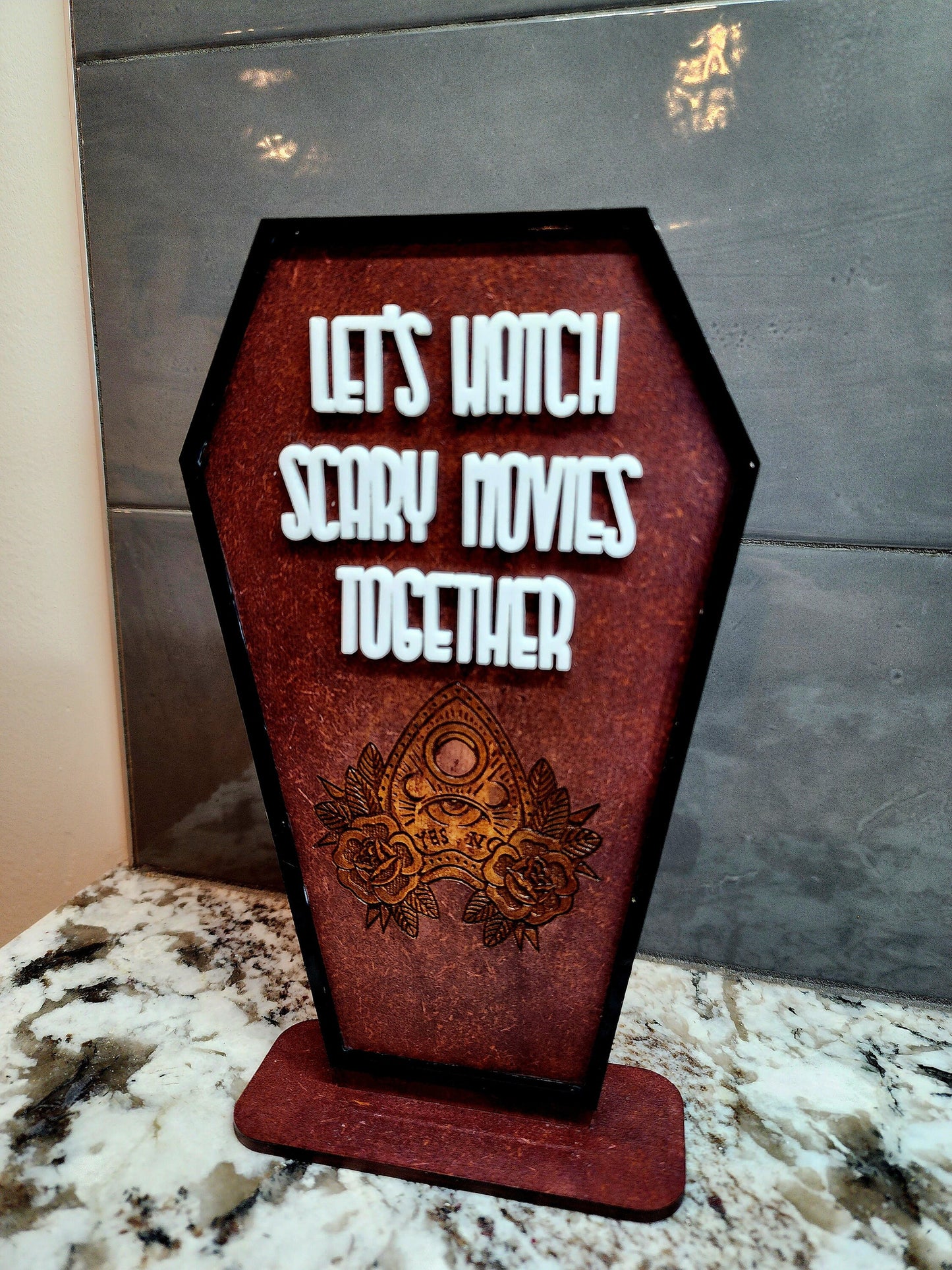 Gothic Coffin Let's Watch Scary Movie Wooden Sign|Handmade Gothic Decor|Spooky Halloween Gift|Horror Movie Spirit Board Planchette Sign