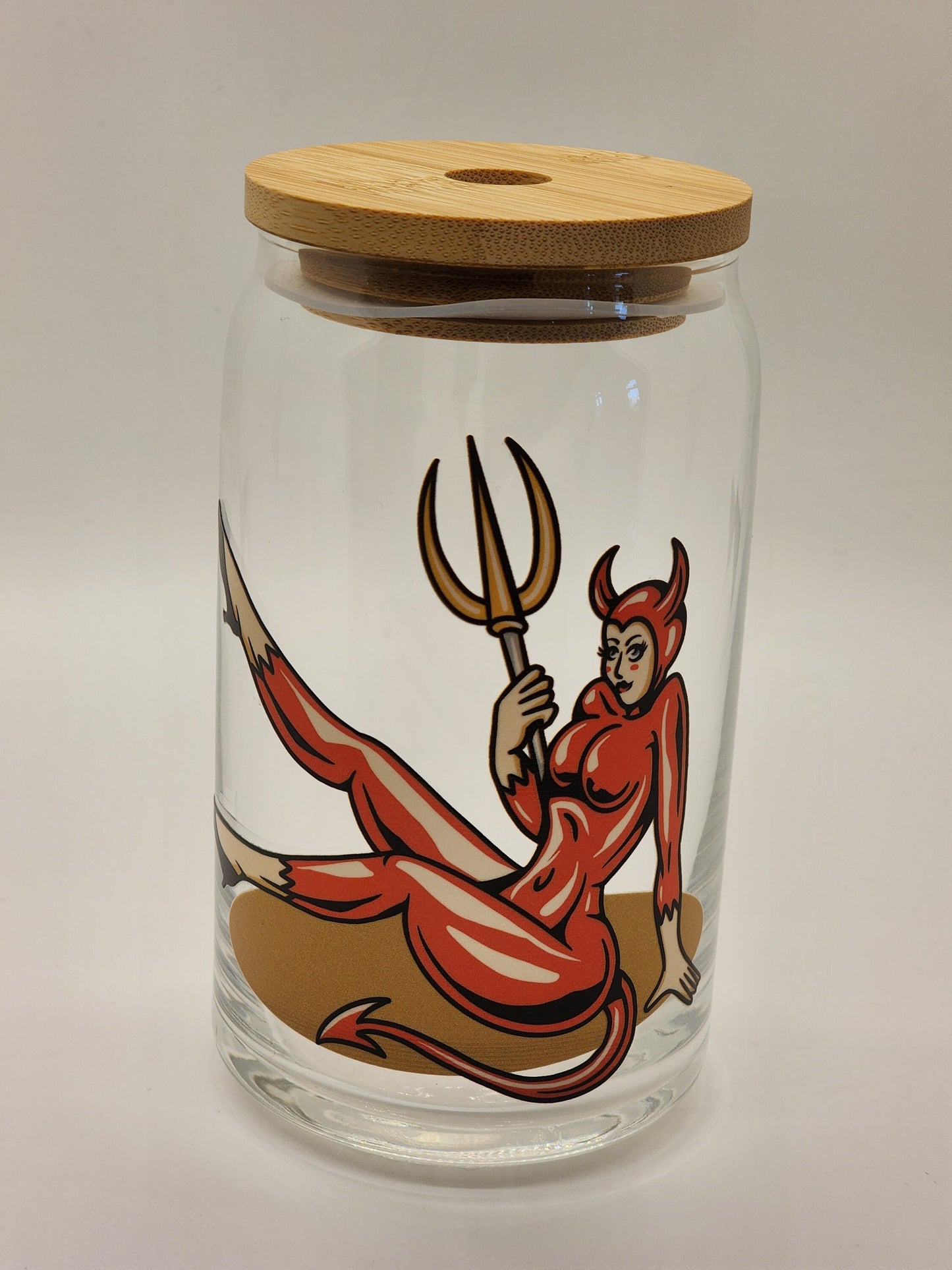 Flash Tattoo Retro She Devil Iced coffee glass can, flash tattoo art gift, rockabilly pinup glass can, 80s 90s coffee cup, beer can glass