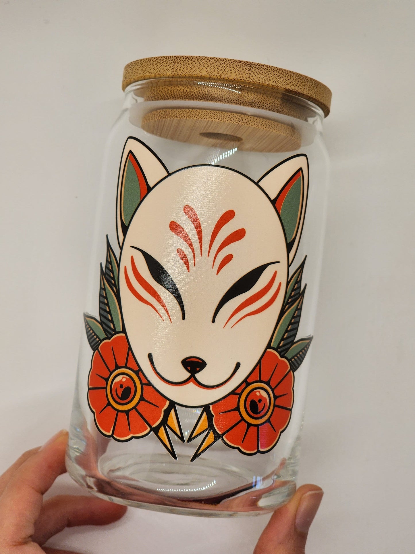 Kitsune mask anime Iced coffee glass can, flash tattoo art gift, Japanese tattoo, Japanese mask, 80s 90s coffee cup, beer can glass