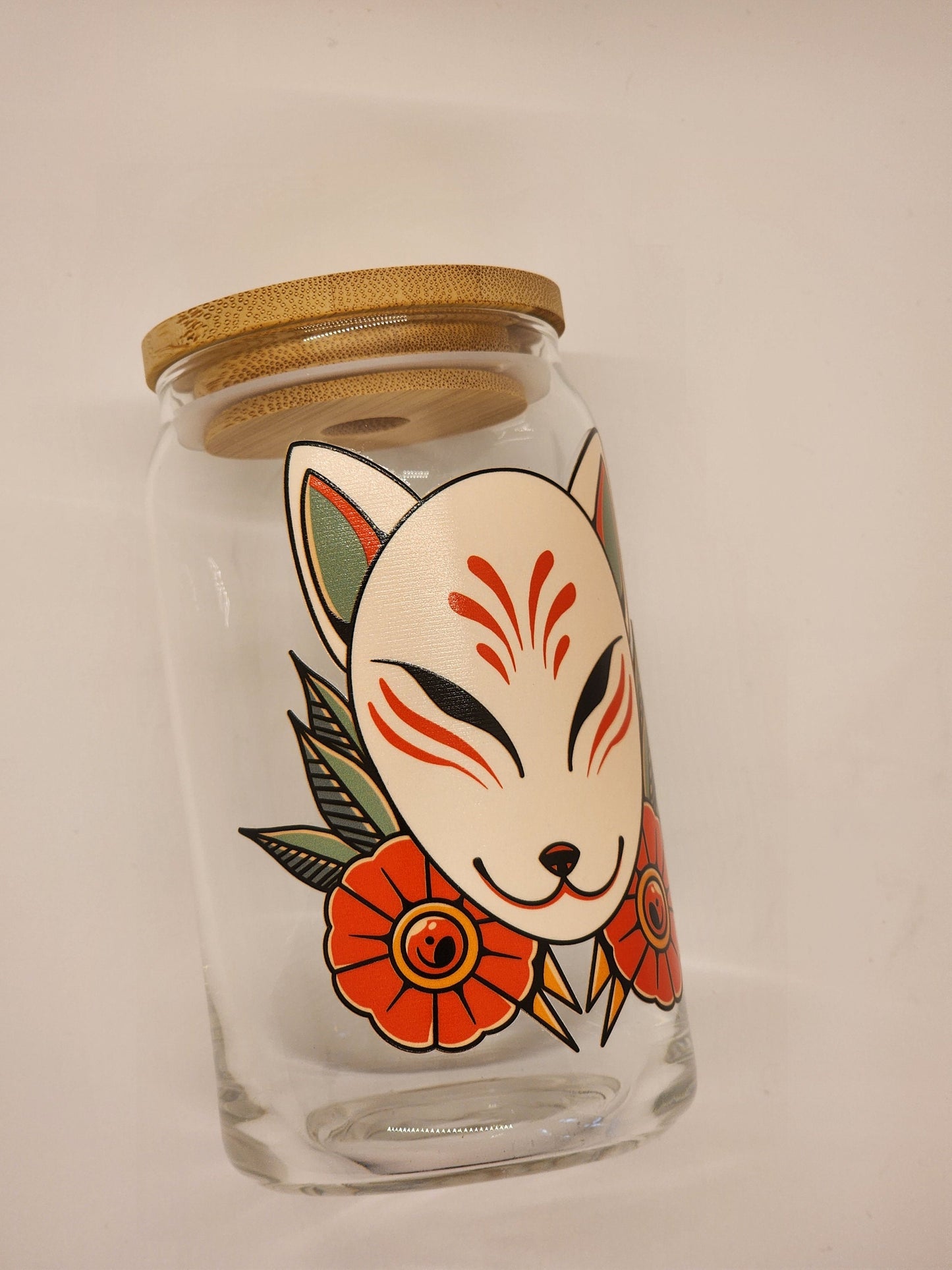 Kitsune mask anime Iced coffee glass can, flash tattoo art gift, Japanese tattoo, Japanese mask, 80s 90s coffee cup, beer can glass